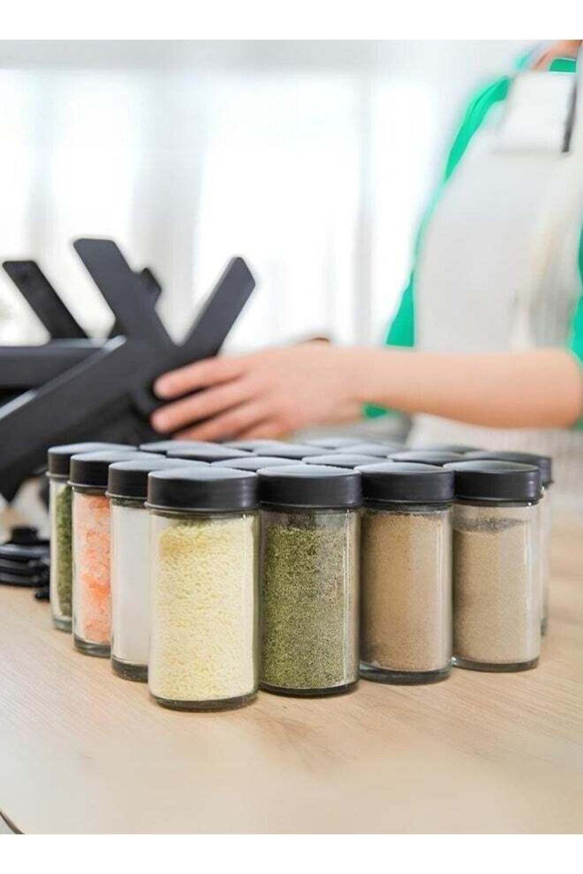 Denx-منظم رفوف التوابل الدوارة مع 18 برطمان توابل زجاجي، مجموعة برطمانات التوابل مع 18 برطمان توابل دوار 360 درجة 3