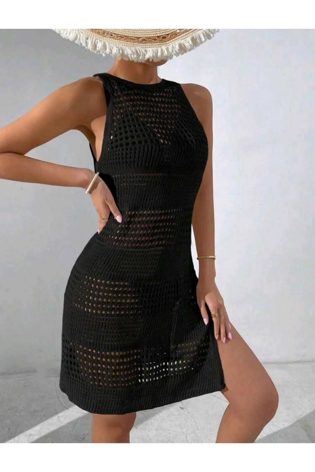 PLAJ SHOPING Ajurlu Askılı V Yaka Plaj Elbise