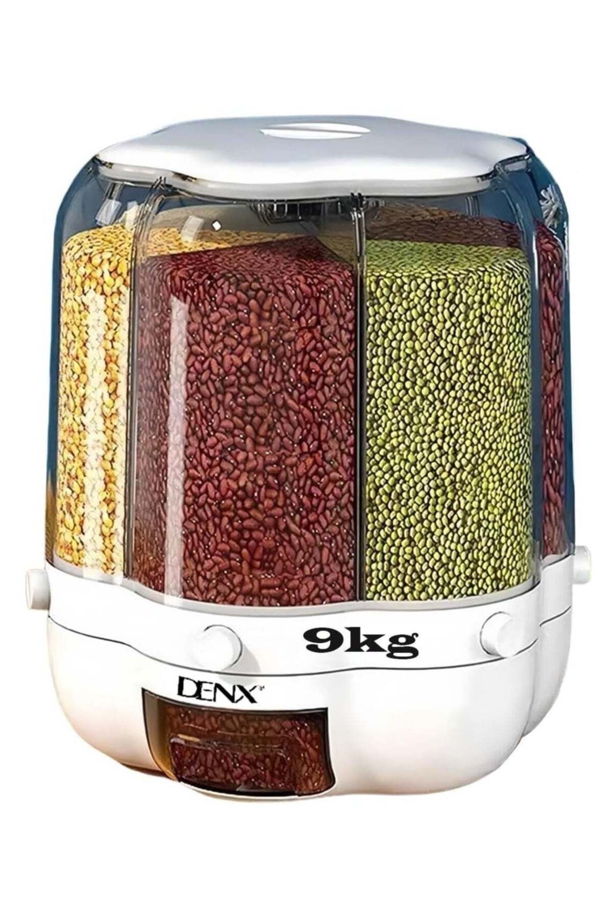 Denx-دلو تخزين حبوب دوار متعدد الوظائف بسعة 9 كجم، حاوية طعام جافة مكونة من 6 أقسام مع 1