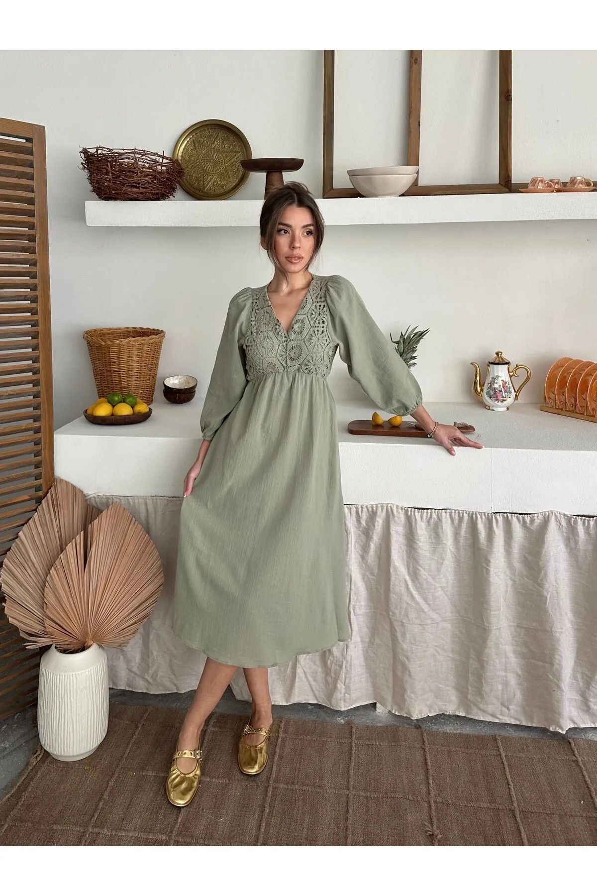 fatma keskin linna butik Kadın Güpür Detaylı Yazlık Keten Elbise