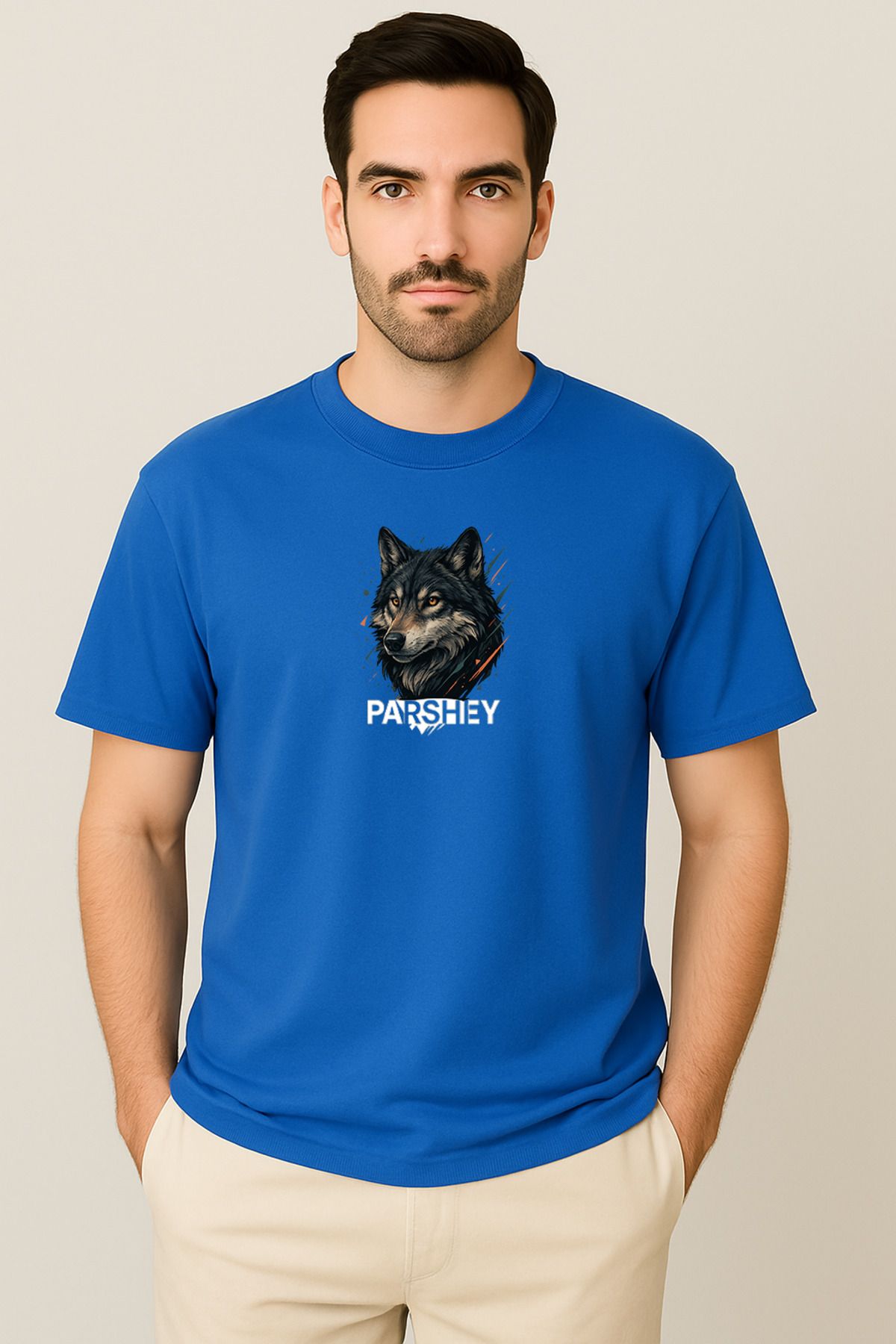 PARSHEY Erkek - Kadın Unisex Yarım Kollu Parshey Kurt Baskılı Bisiklet Yaka %100 Pamuk Oversize T-shirt