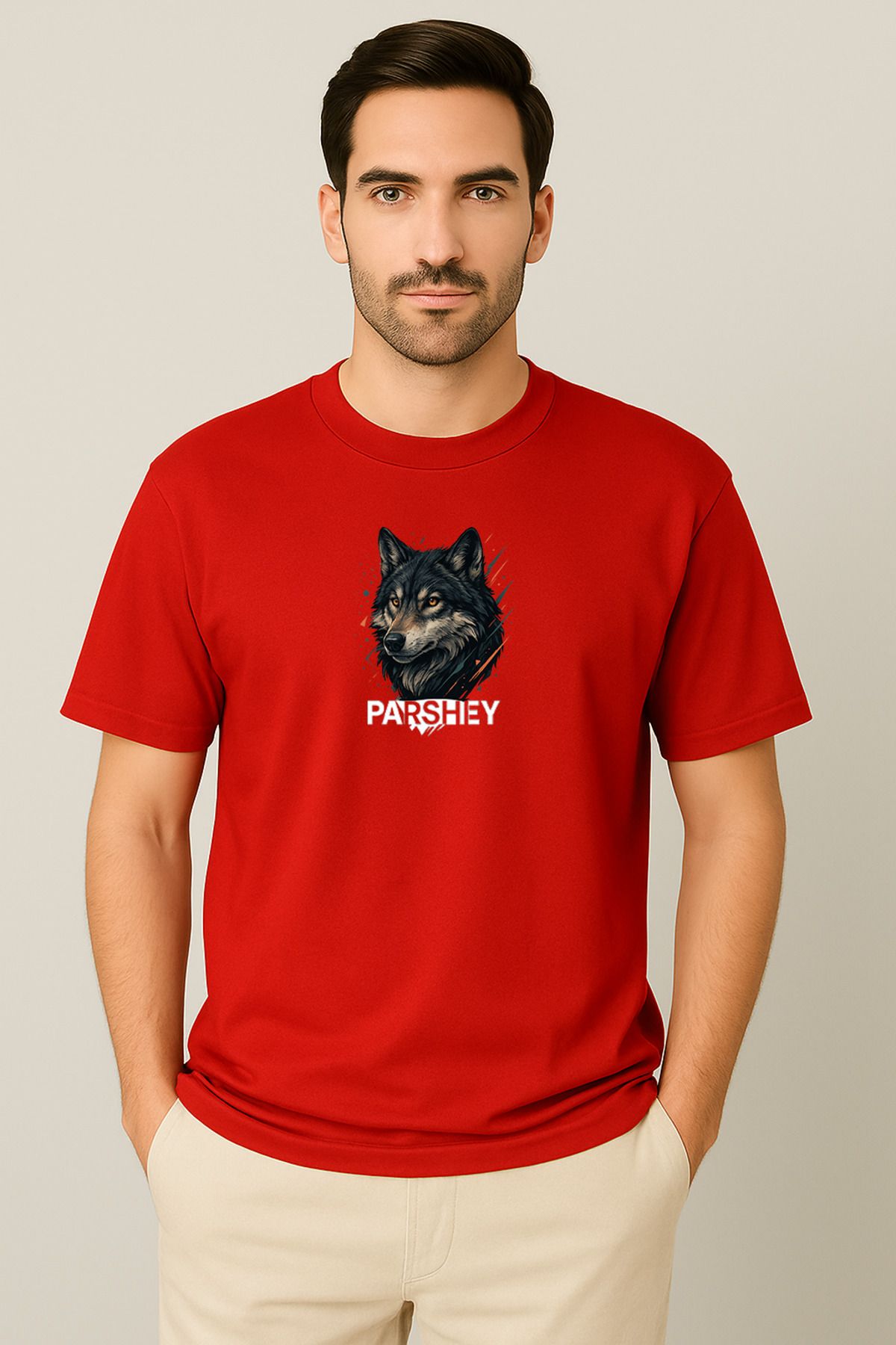 PARSHEY Erkek - Kadın Unisex Yarım Kollu Parshey Kurt Baskılı Bisiklet Yaka %100 Pamuk Oversize T-shirt