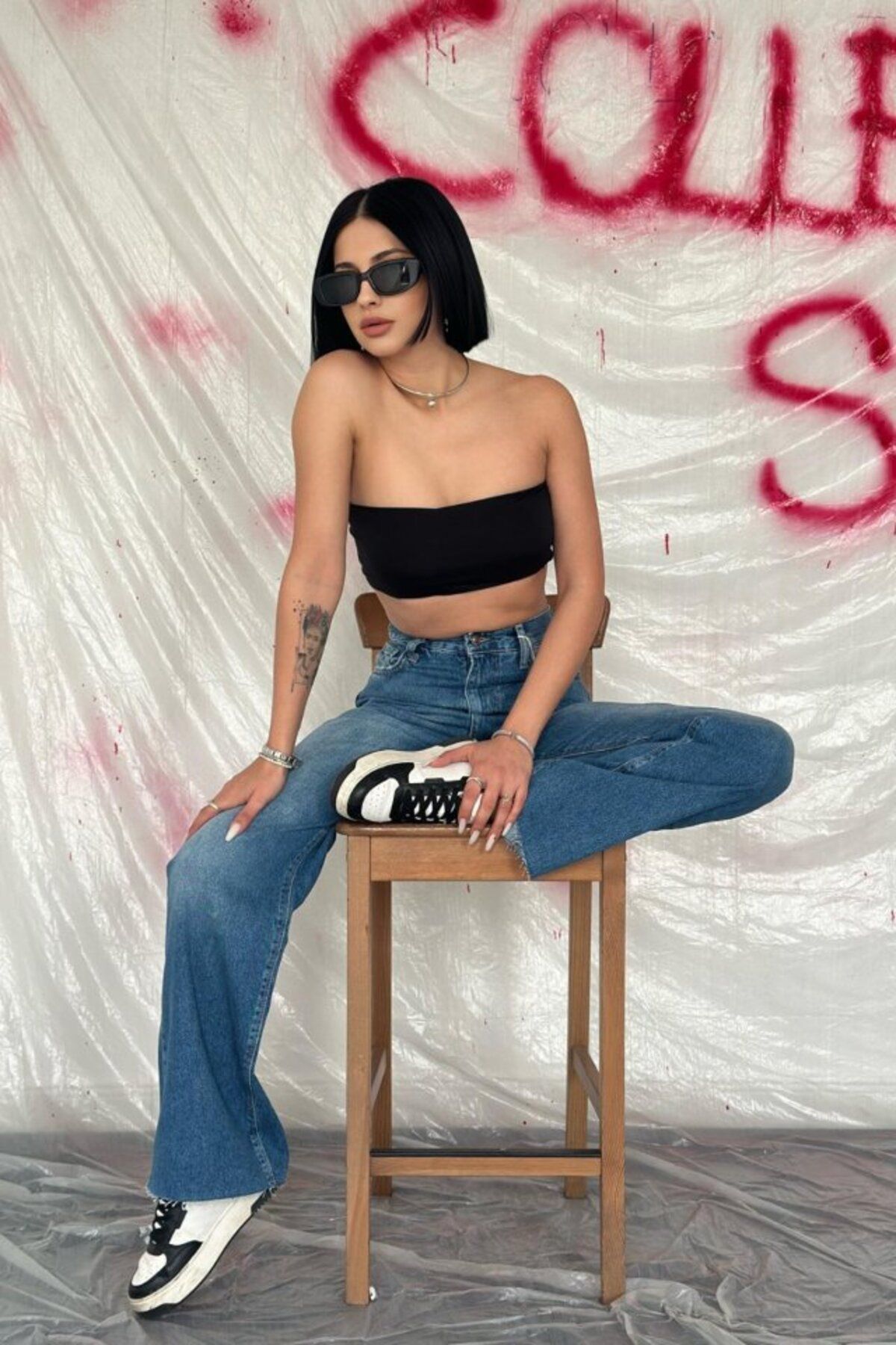 Leyaa Mavi Yüksek Bel Ve Geniş Paça Jeans Pantolon