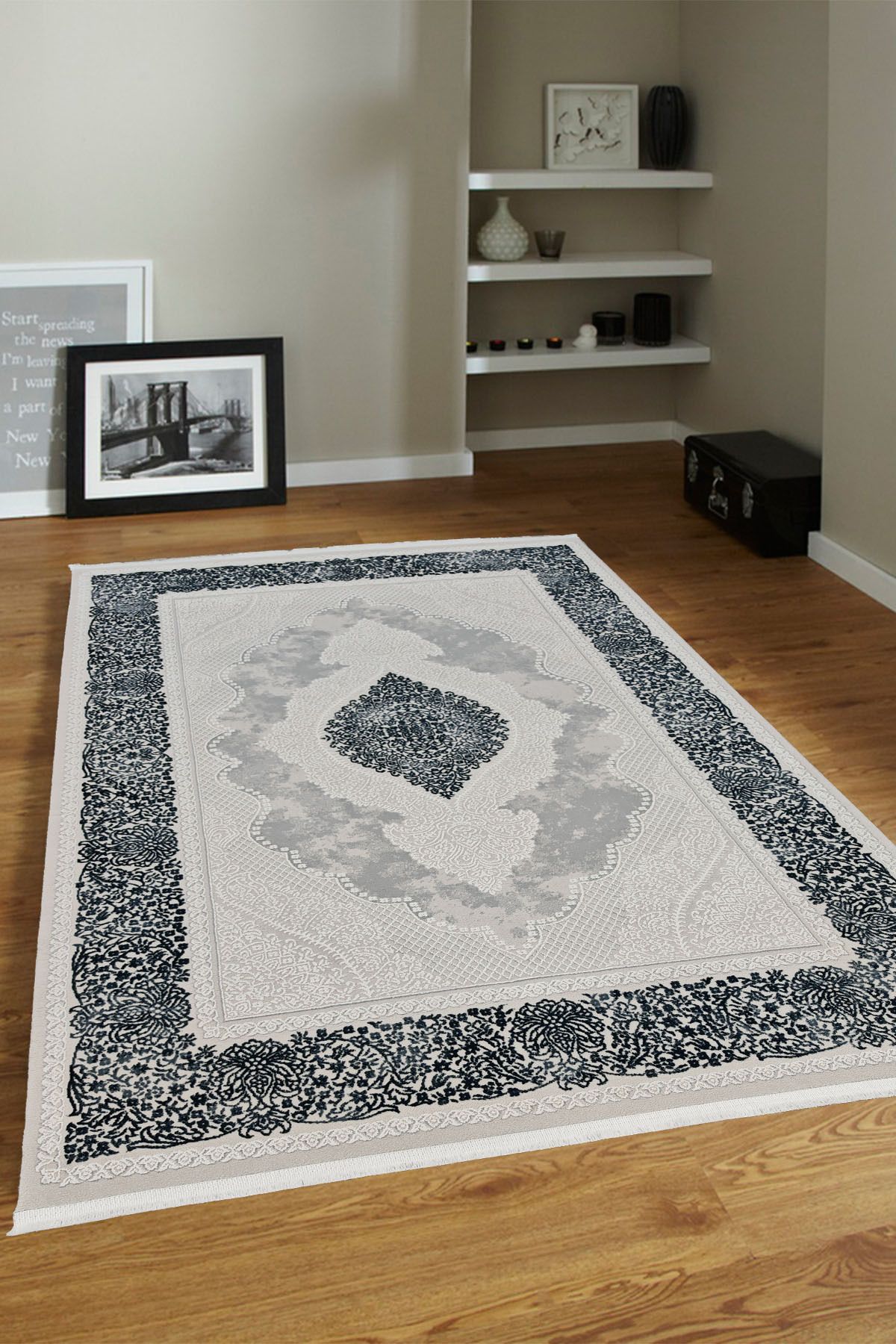 ünalcarpet 4m2-6m2 Bambu Tarz Modern Sık Dokuma Halı Salon Oturma Odası Mutfak Halısı Antialerjik Mavi