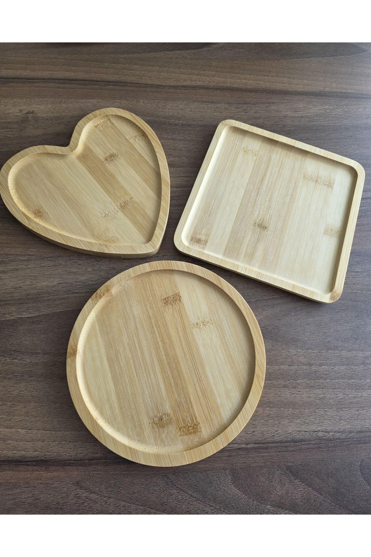 BuMeria Bambu Ahşap Sunum Tabağı 3’lü Set – Kalp, Kare, Yuvarlak | Doğal Şık Servis ve Kahvaltı Tabağı