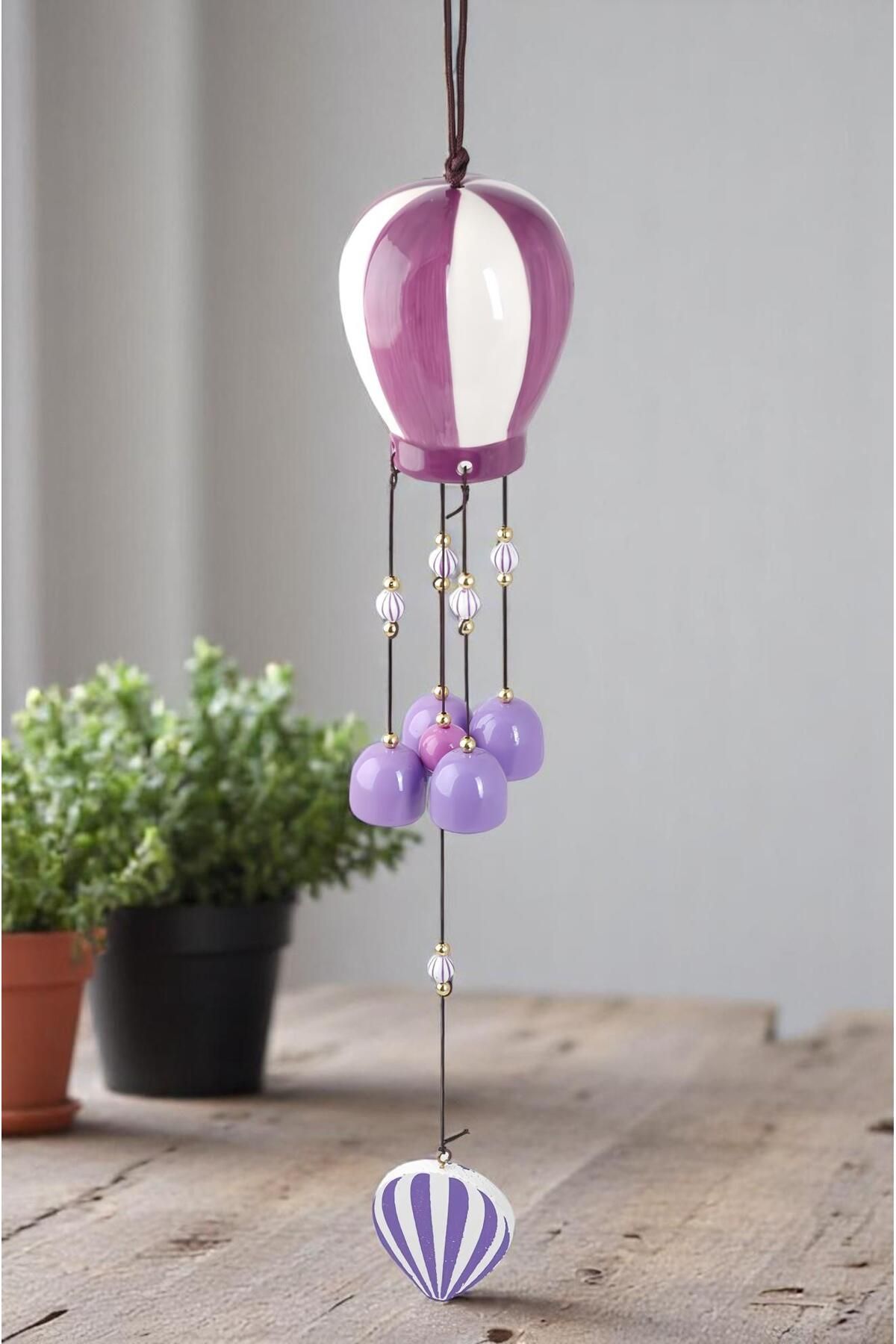 e-life shop Lüks İşlemeli Seramik Uçan Balon Tasarımlı Rüzgar Çanı Kapı Balkon Bahçe Duvar Süsü Ev Hediyesi 40cm