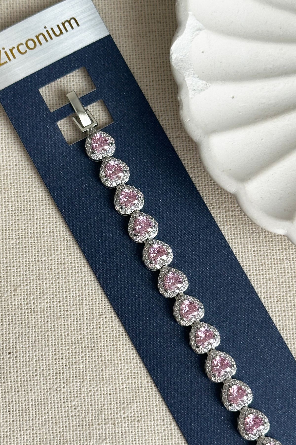 Modacaprea Zircon 17+2 cm Pembe Kalpli Taşlı Kadın Bileklik Kadın Karamaz Bileklik Kalpli Bileklik