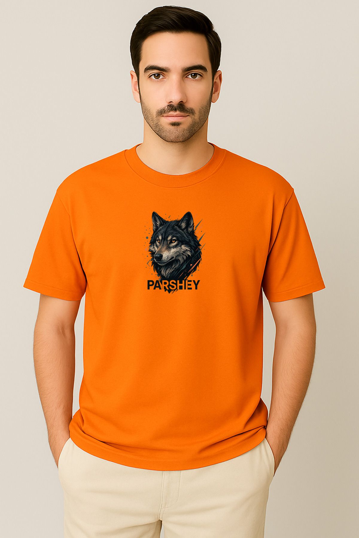 PARSHEY Erkek - Kadın Unisex Yarım Kollu Parshey Kurt Baskılı Bisiklet Yaka %100 Pamuk Oversize T-shirt