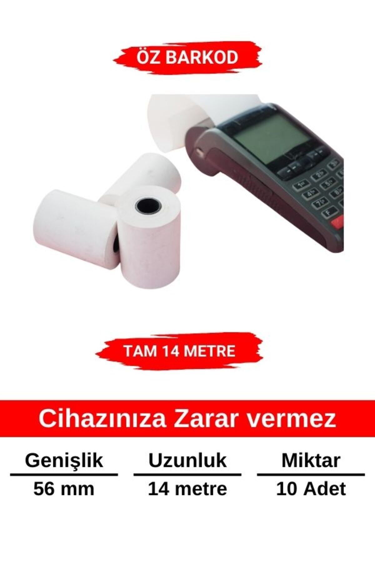 ÖZ BARKOD Termal POS Rulo kağıdı 58mm x 14m (10'lu) – Cihaz Korumalı, Net Baskı, Gerçek Metre