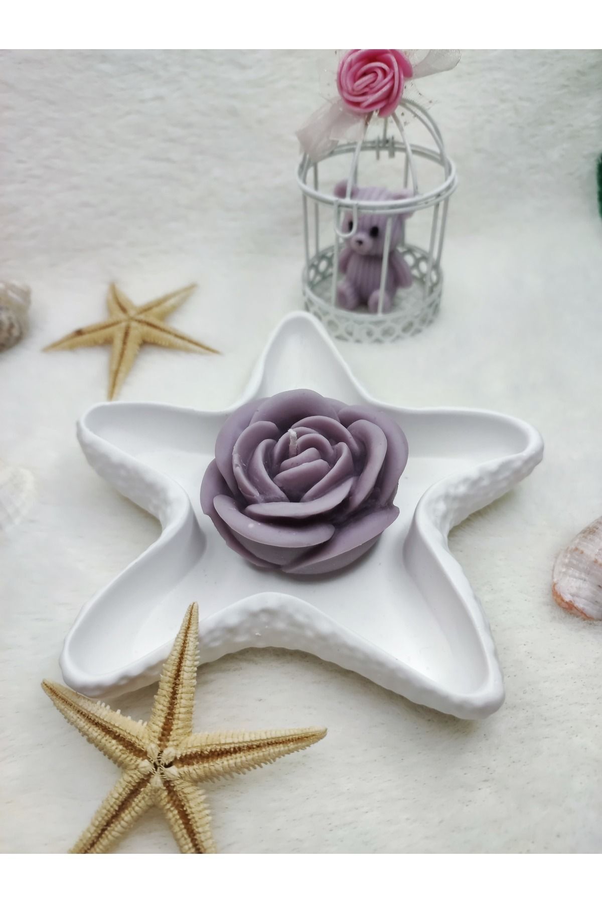 teknotrust Deniz Yıldızı Biblo Yanında Gül Şeklinde Mum & Candle 2 'li Set