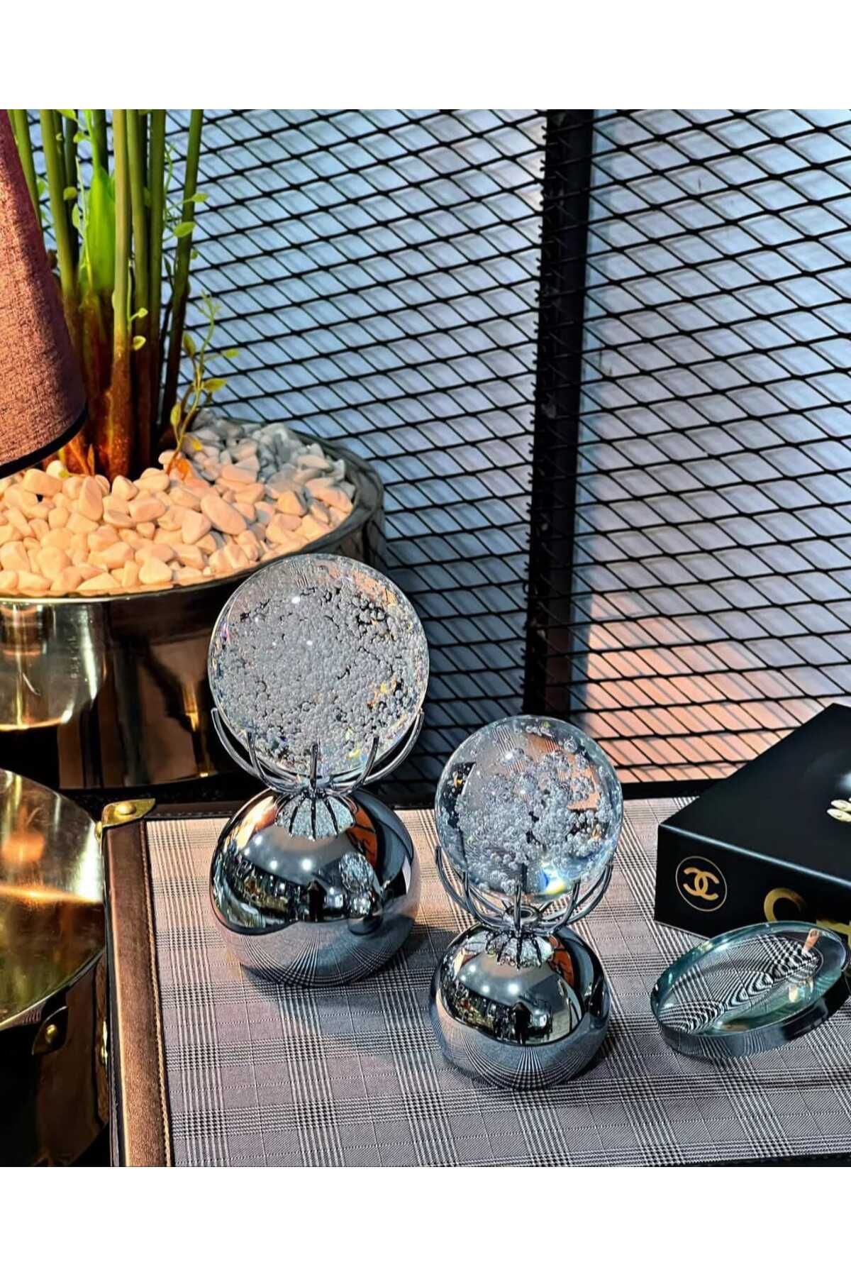 AKSESUAR EVRENİ Nova Duo Ev ve Ofis Dekorasyon Objesi Modern Baloncuklu Kristal Top Metal Ayaklı Aksesuar