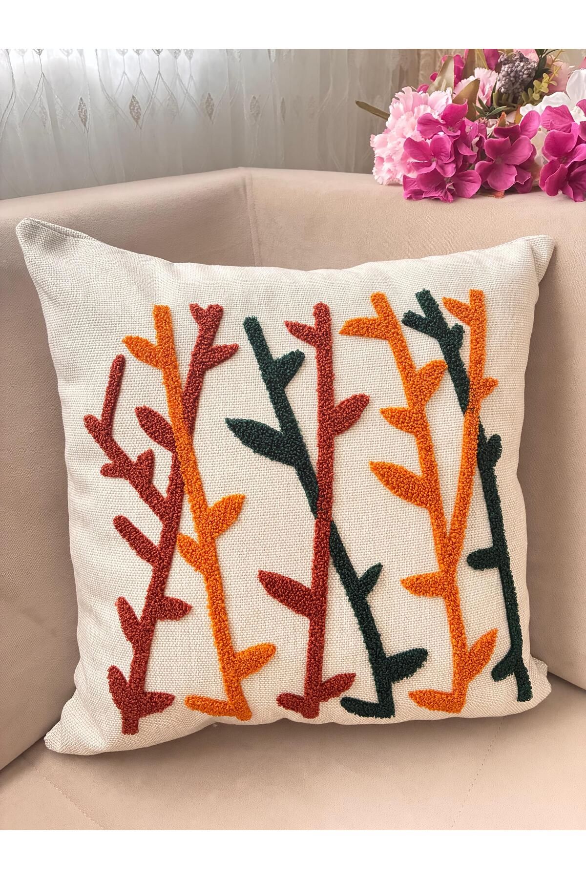 Mustgross Bohem Punch Nakışlı Keten Kırlent Kılıfı 1 Adet - 43x43 Cm