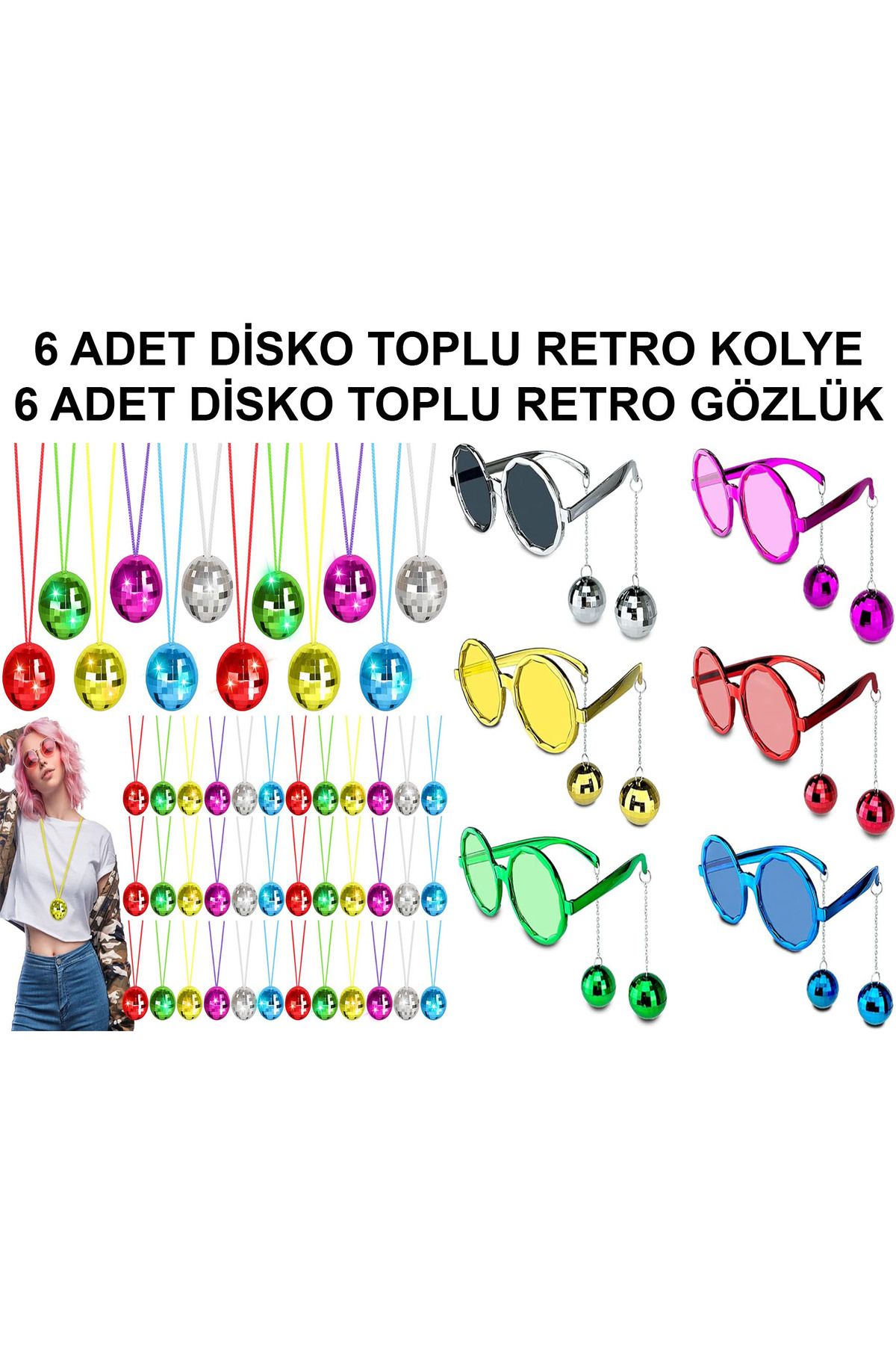 ReilaToys 12 Parça Renkli Disko Toplu Retro Parti Seti – 6 Kolye + 6 Gözlük
