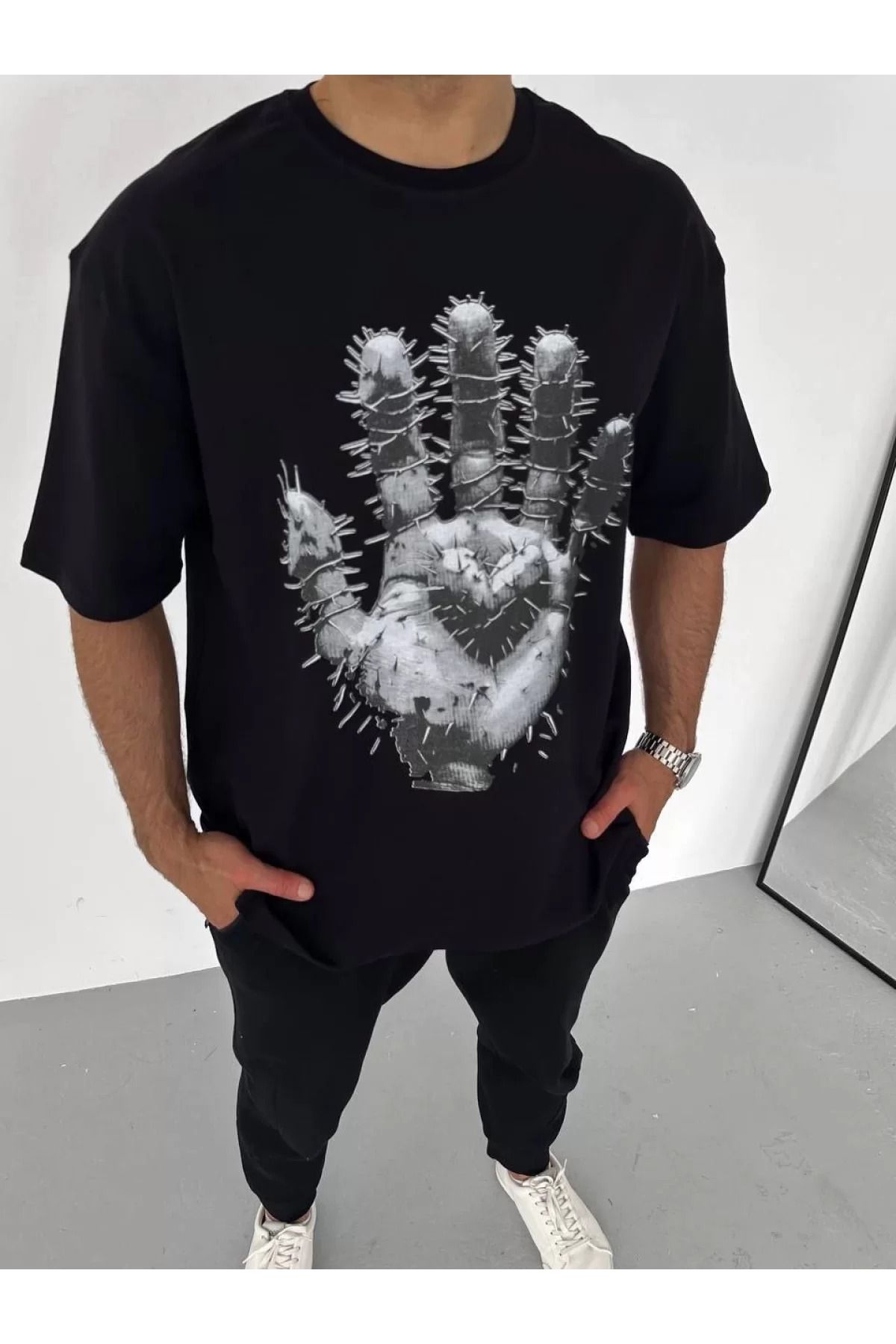 İndigo Park Erkek tişört Unisex Bisiklet Yaka Baskılı Oversize T-Shirt