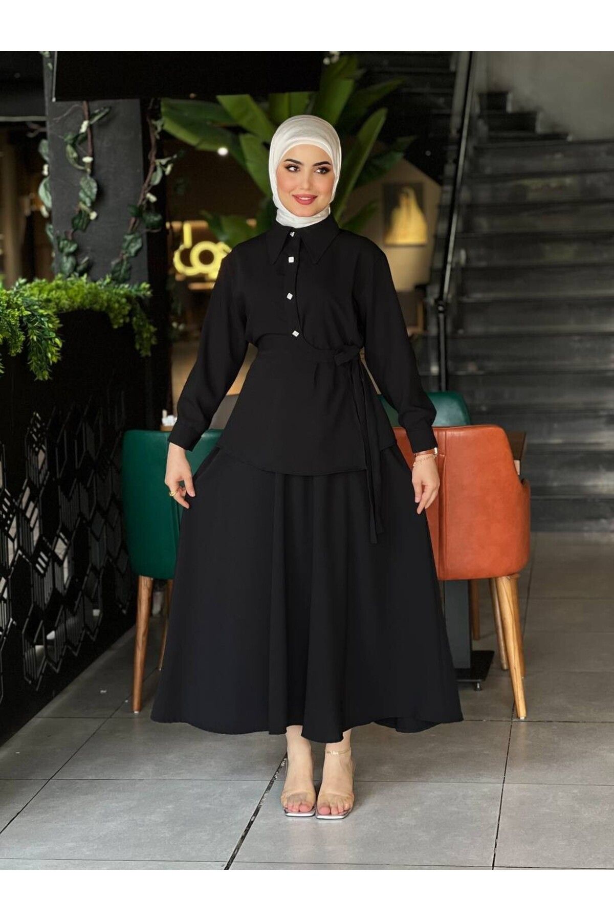 Esre Store 4517 - Krep Kumaş İkili Tesettür Takım Siyah