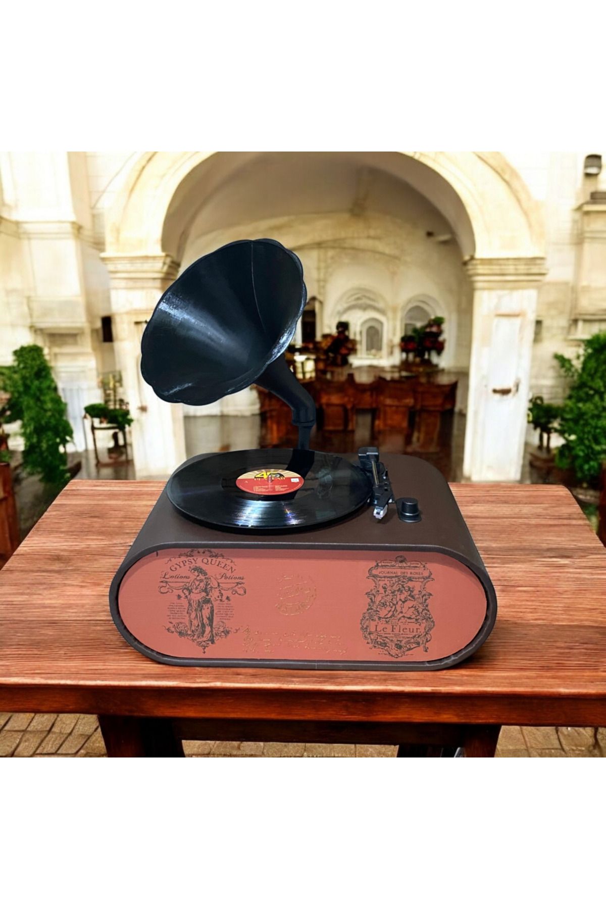 decolab Vintage Ahşap Gramofon | Bluetooth & Plak Çalar | El Yapımı pikap Oval bütün plakları çalabiliyor