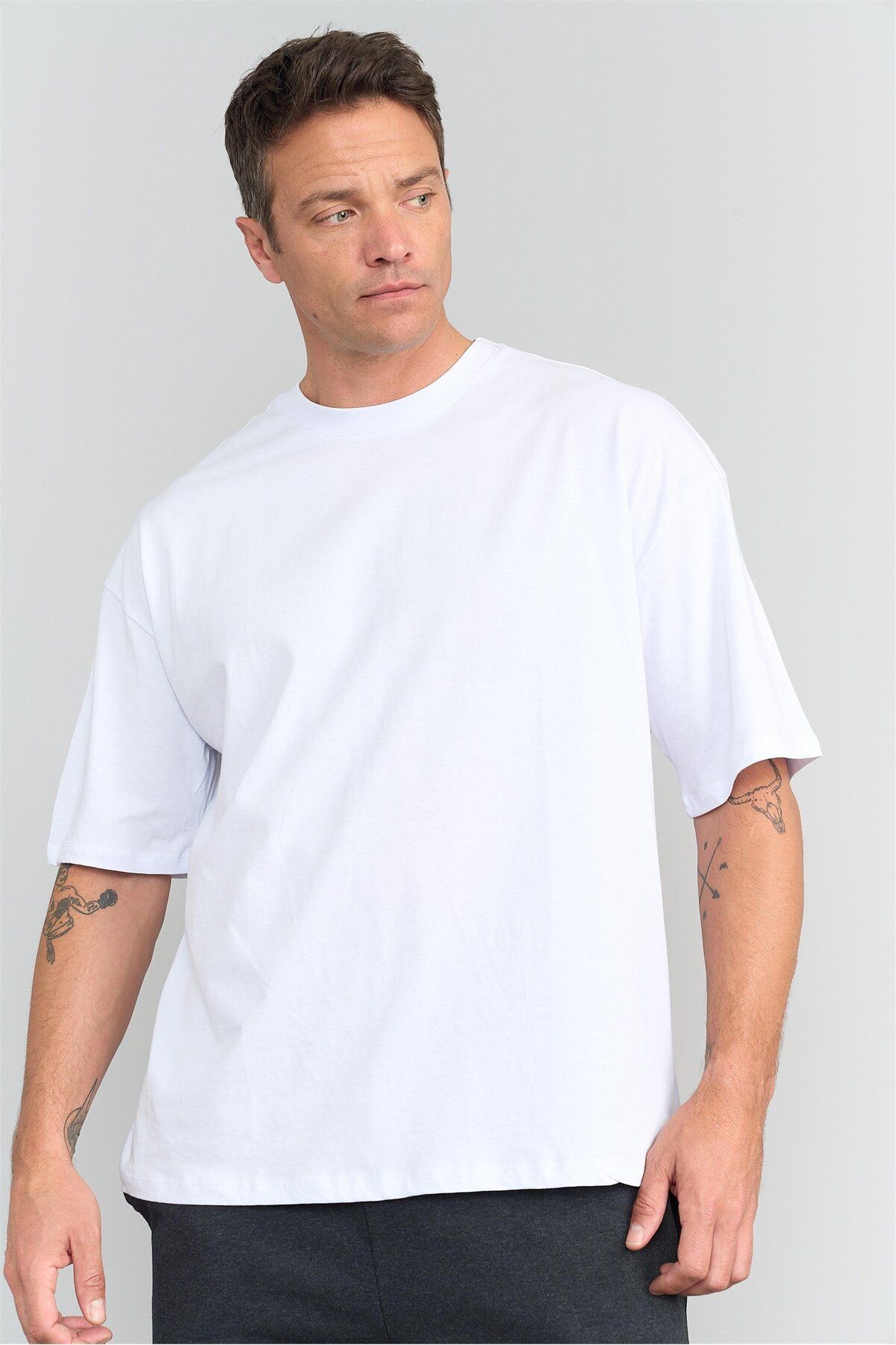 BiveSa Erkek Beyaz Oversize %100 Pamuklu Baskısız T-shirt