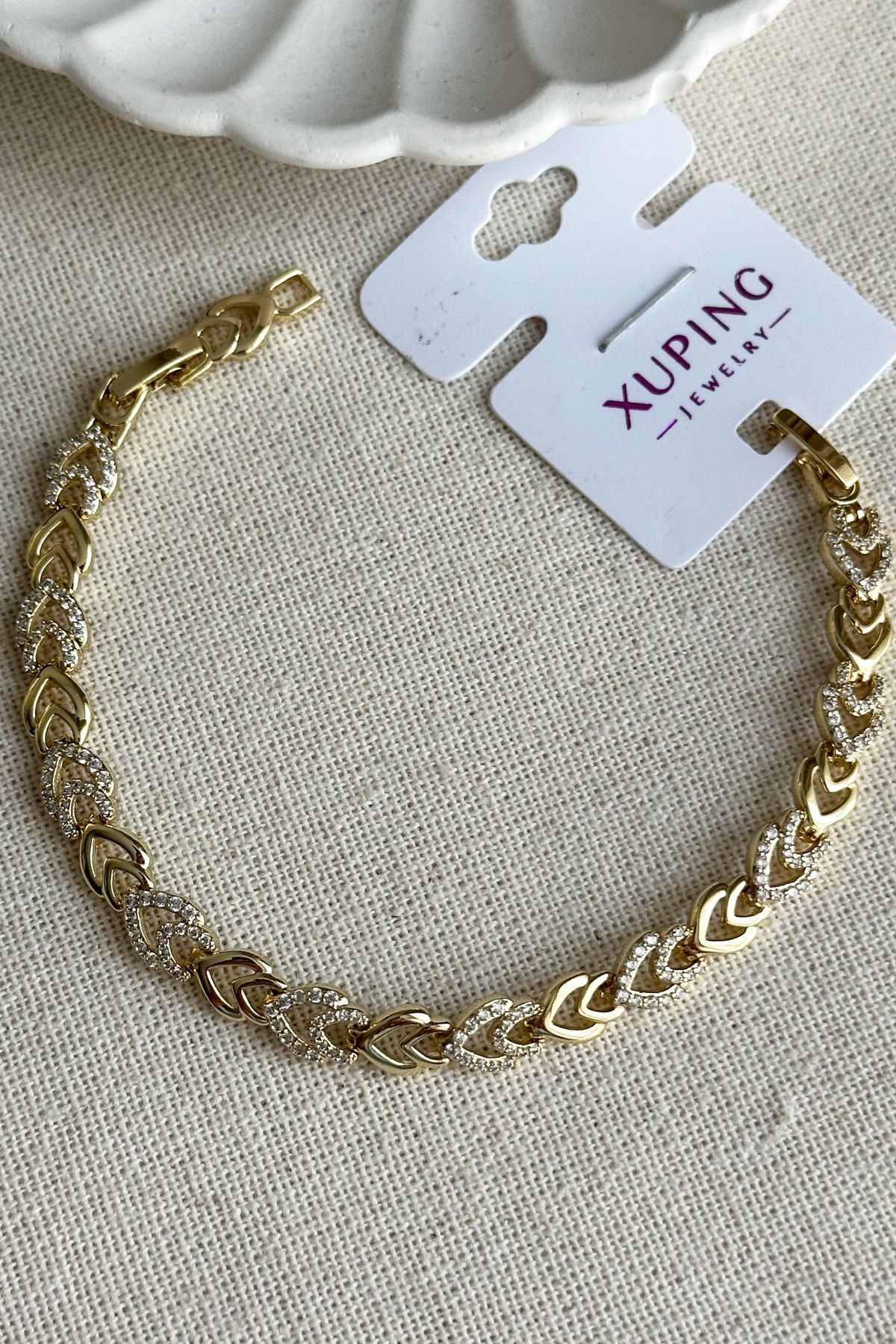 Modacaprea Xuping 14K 17+2 cm Kalpli Taşlı Kadın Bileklik Kadın Karamaz Bileklik Kalpli Bileklik