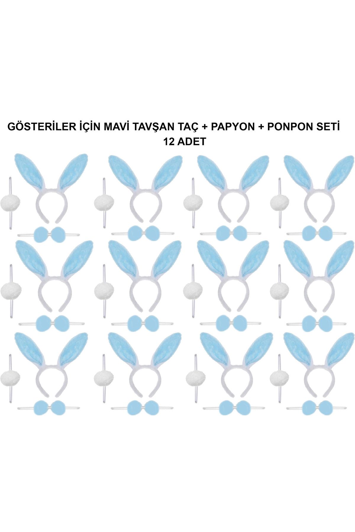 ReilaToys Mavi Tavşan Kostüm Seti – Taç, Papyon, Ponpon (12’li Paket)