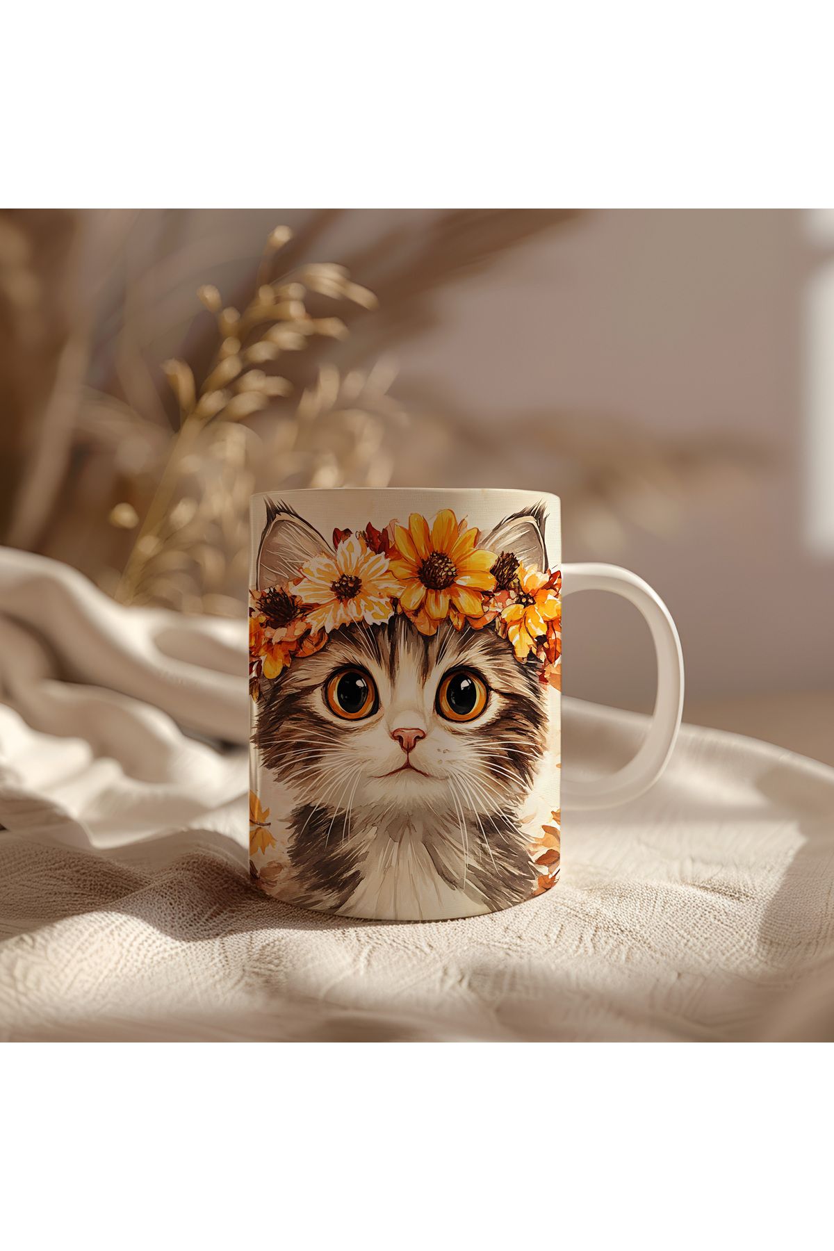 waspandhornet Sevimli Çiçek Tacı Kedi Tasarımlı Kupa