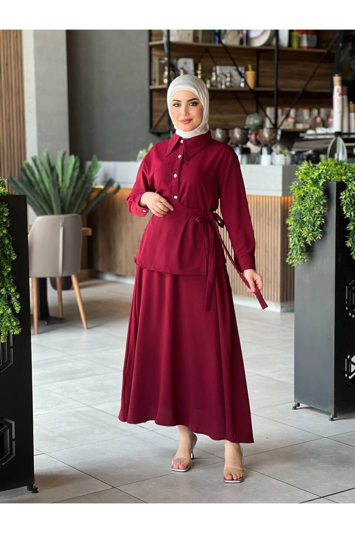Esre Store 4517 - Krep Kumaş İkili Tesettür Takım Bordo