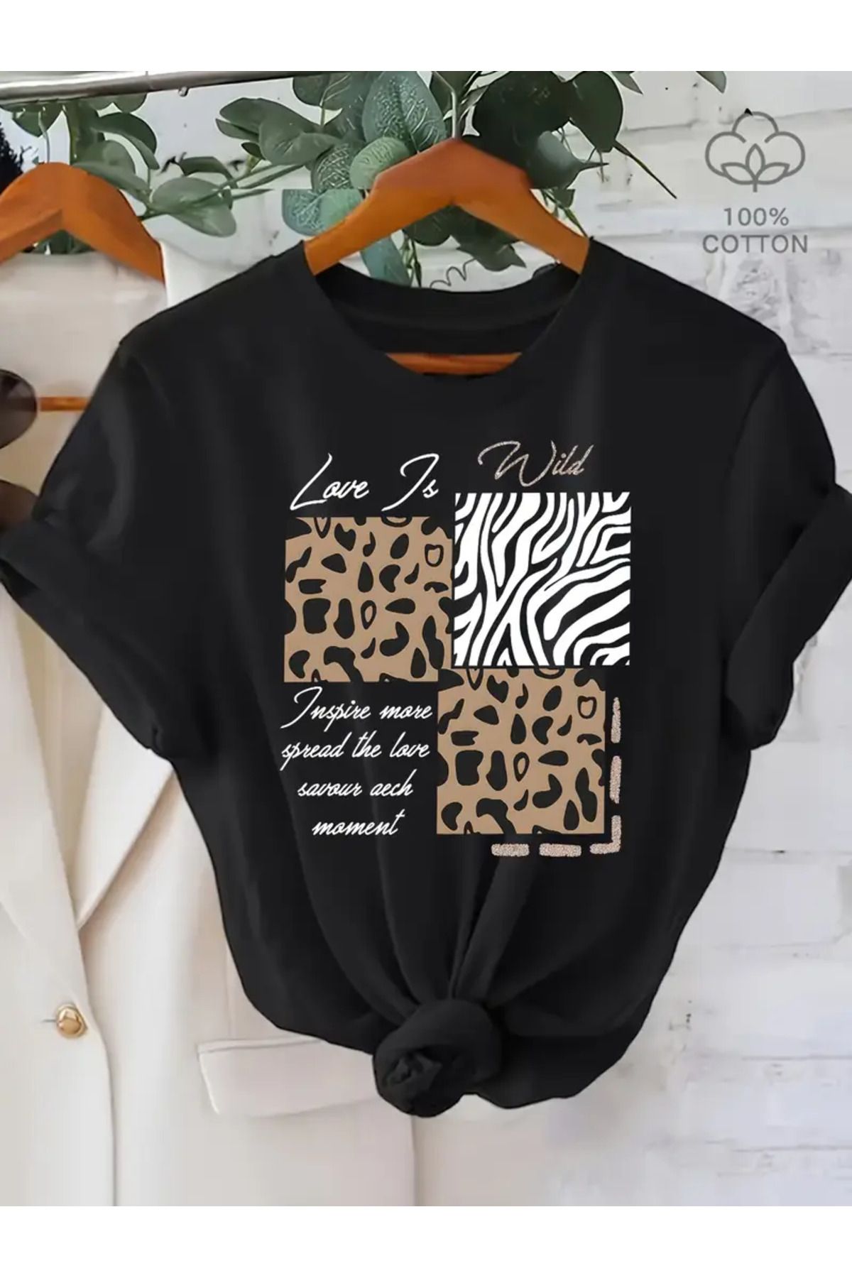 LAND MODA Kadınlar İçin %100 Pamuk Kısa Kollu Günlük Tişört - Beyaz Harf Baskı & Leopar Zebra