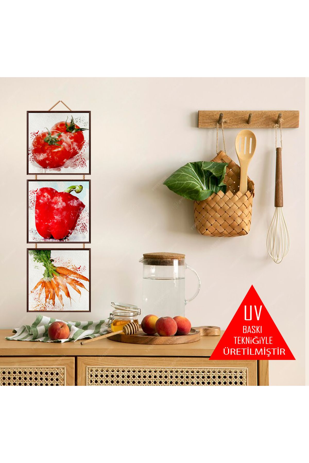 TAKIFİX Mutfak Sebze Temalı 15 x 45 CM MDF Üçlü Duvar Tablosu
