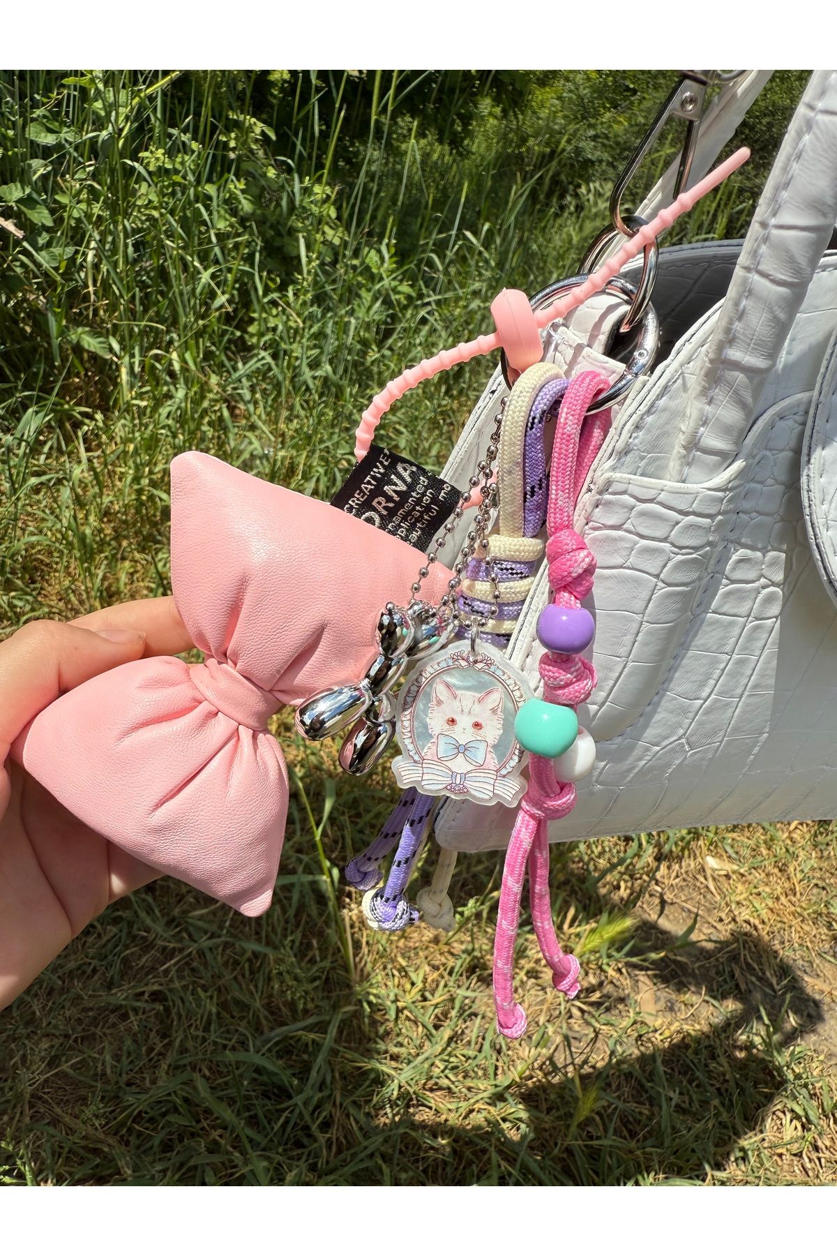 AYLİS Pembe Fiyonk Detaylı Çanta Charm / Anahtarlık, Çanta Süsü