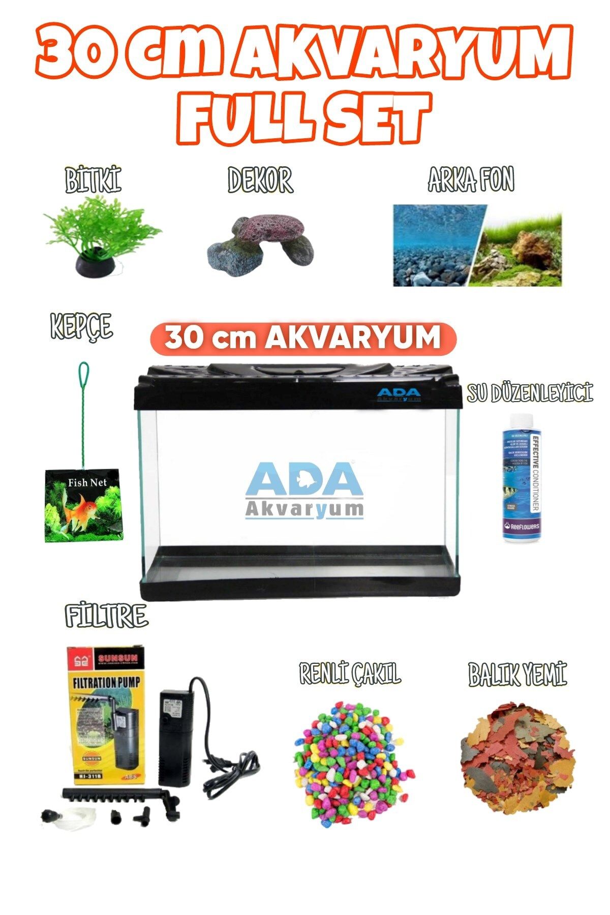 ADA AKVARYUM Full Akvaryum Seti Siyah Renk 35x25x15 Cm 9 Parça