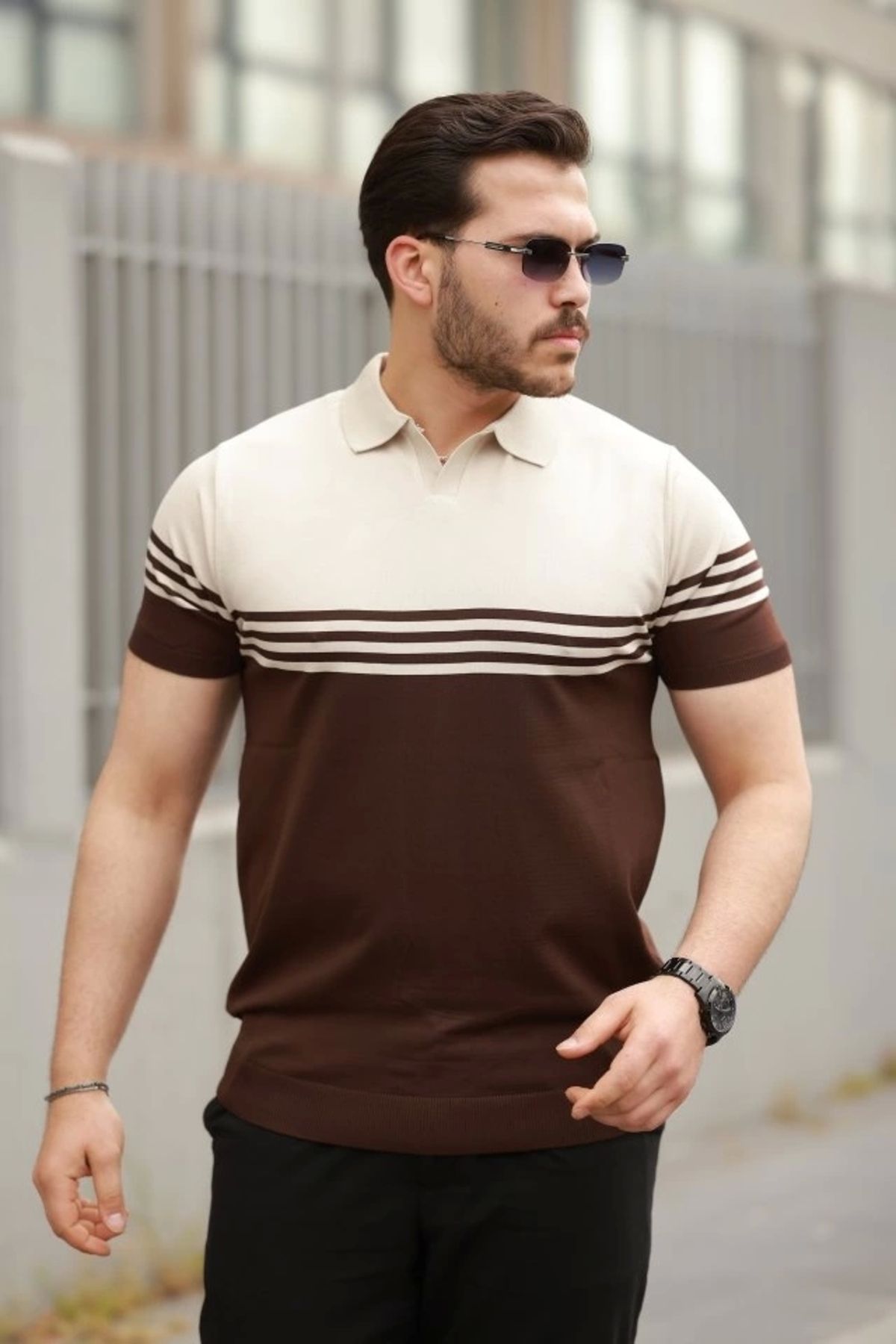 Kaplan Erkek Yakalı Parça Renk Kısa Kollu T-shirt