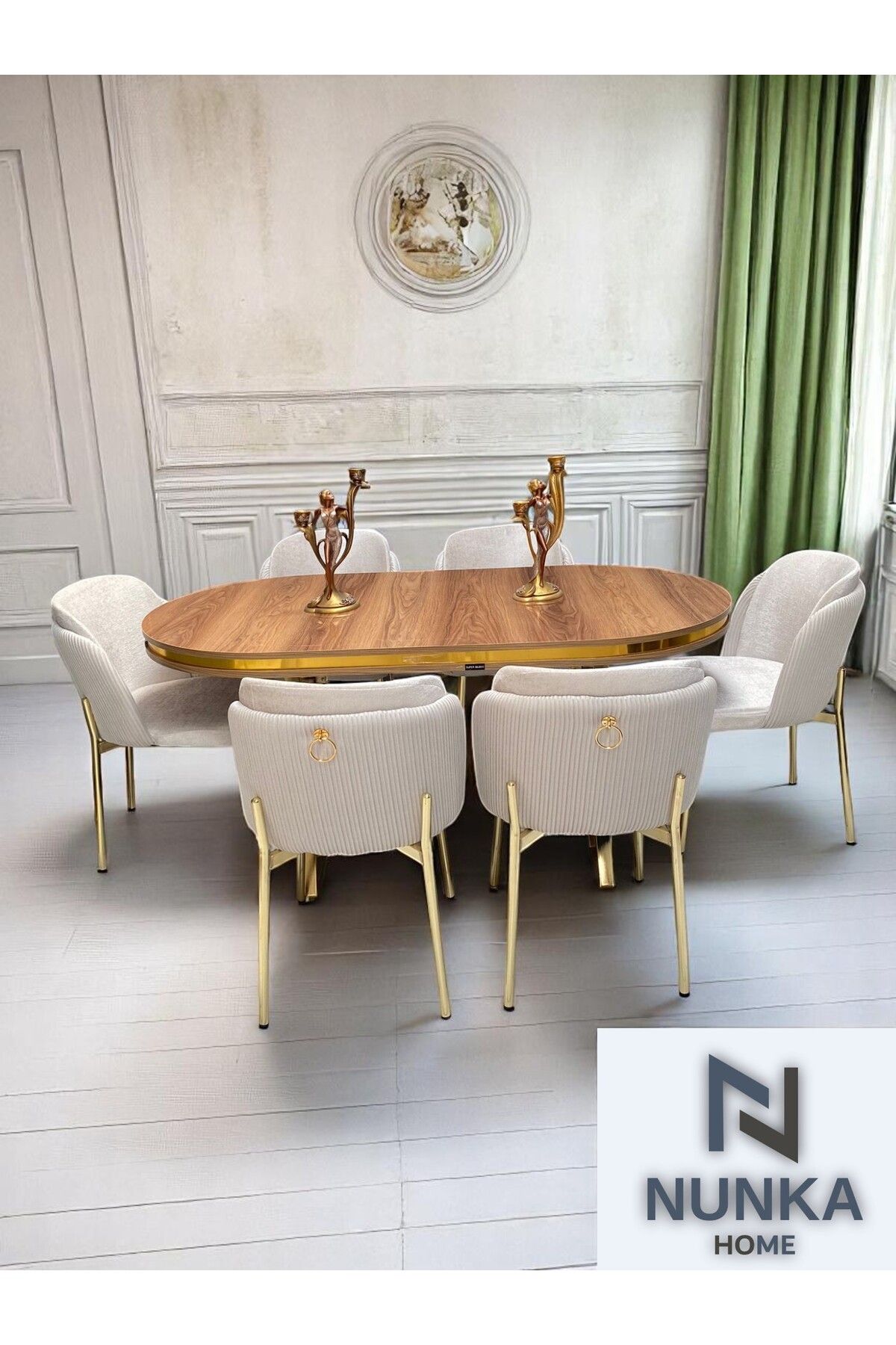 NUNKA HOME 6 Kişilik Arya Gold Line BabyFace Kumaş Mdf Lak Panel Ceviz Masa Takımı Modern Ve Şık