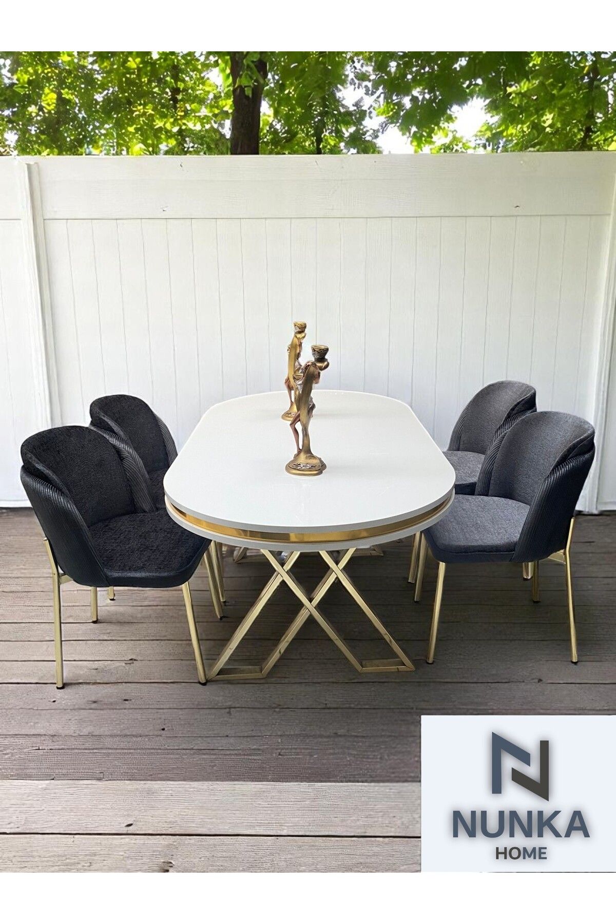 NUNKA HOME 4 Kişilik Arya Gold Line BabyFace Kumaş Mdf Lak Panel Beyaz Masa Takımı Modern Ve Şık
