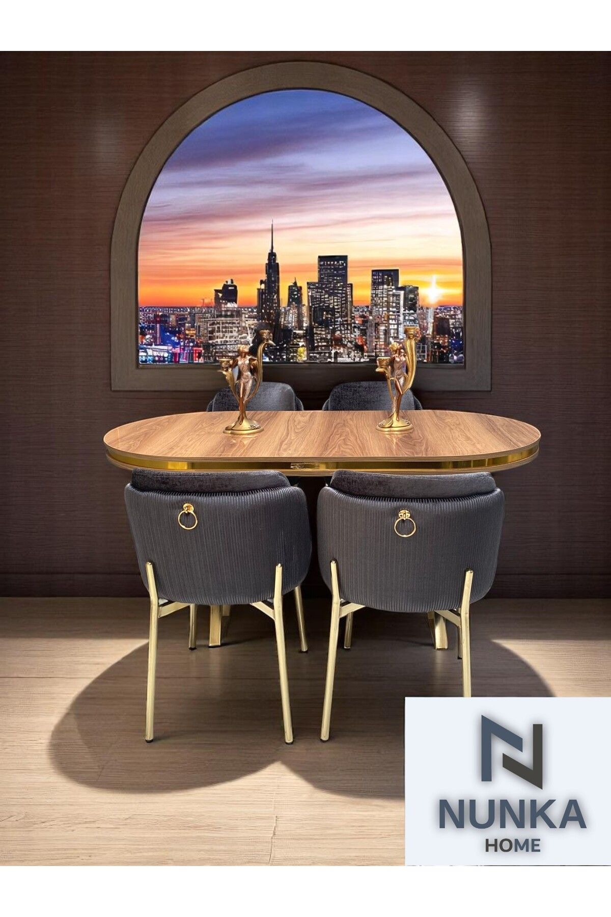 NUNKA HOME 4 Kişilik Arya Gold Line BabyFace Kumaş Mdf Lak Panel Ceviz Masa Takımı Modern Ve Şık