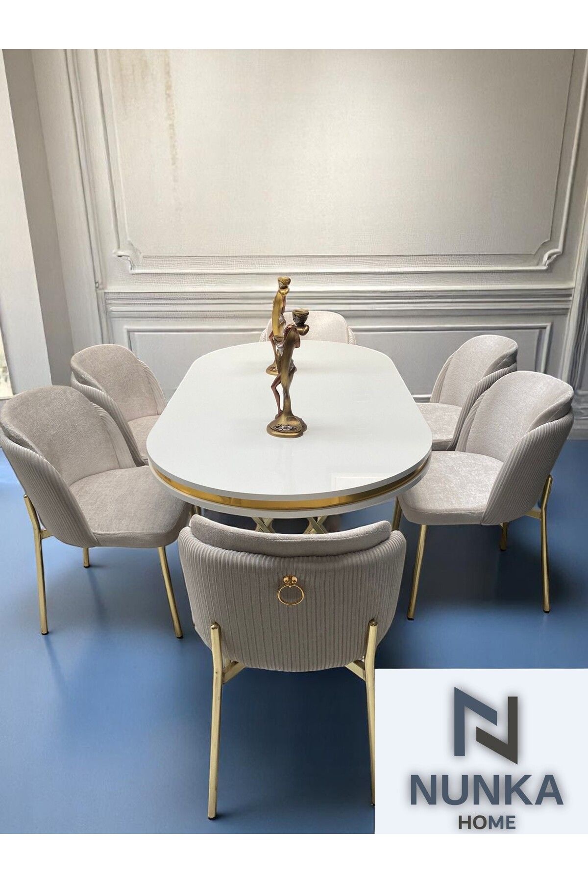 NUNKA HOME 6 Kişilik Arya Gold Line BabyFace Kumaş Mdf Lak Panel Beyaz Masa Takımı Modern Ve Şık