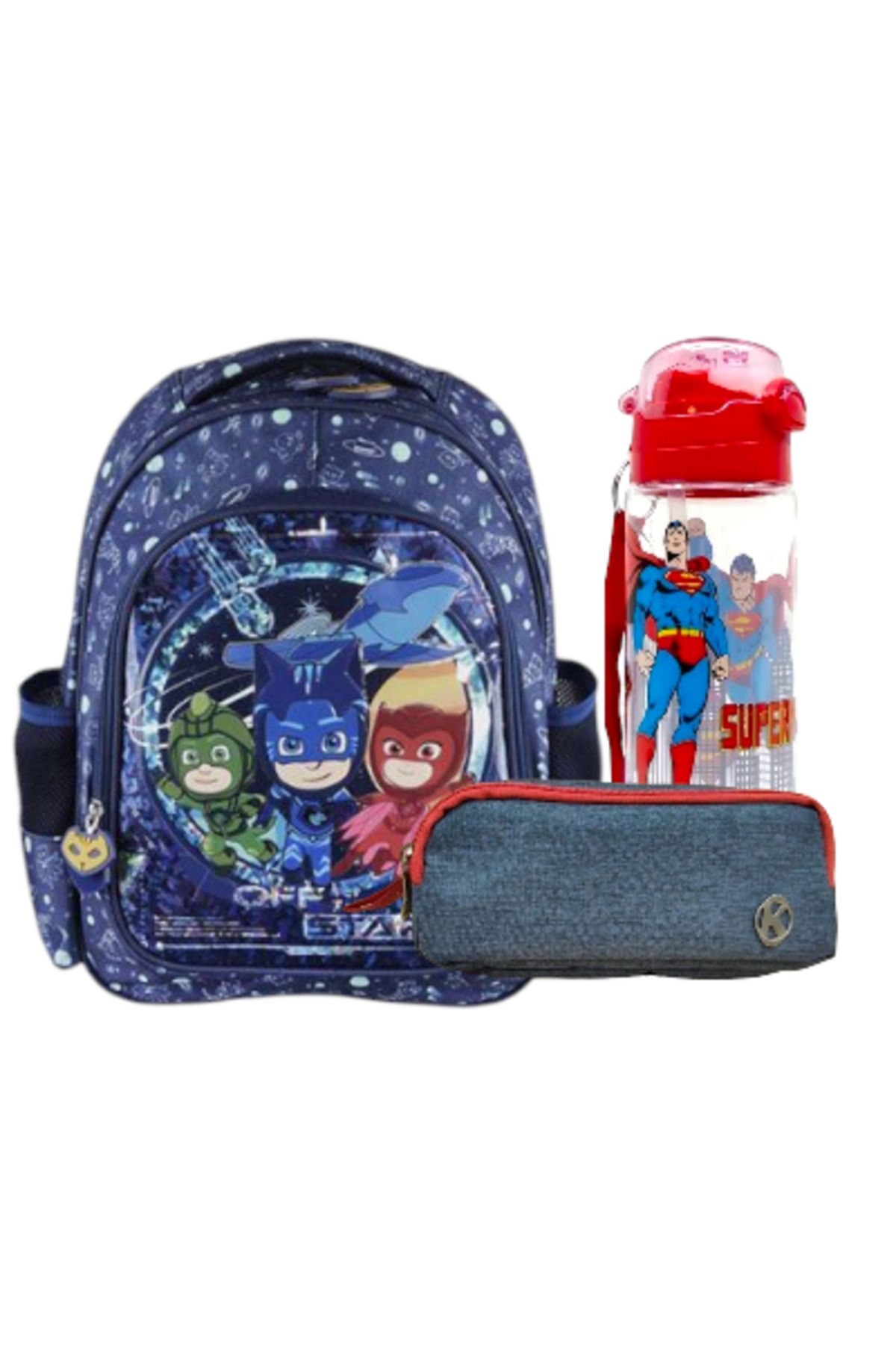 PJ Masks Lisanslı Anaokulu Çantası Çift Gözlü Kalemlik - Lisanslı Matara Hediye