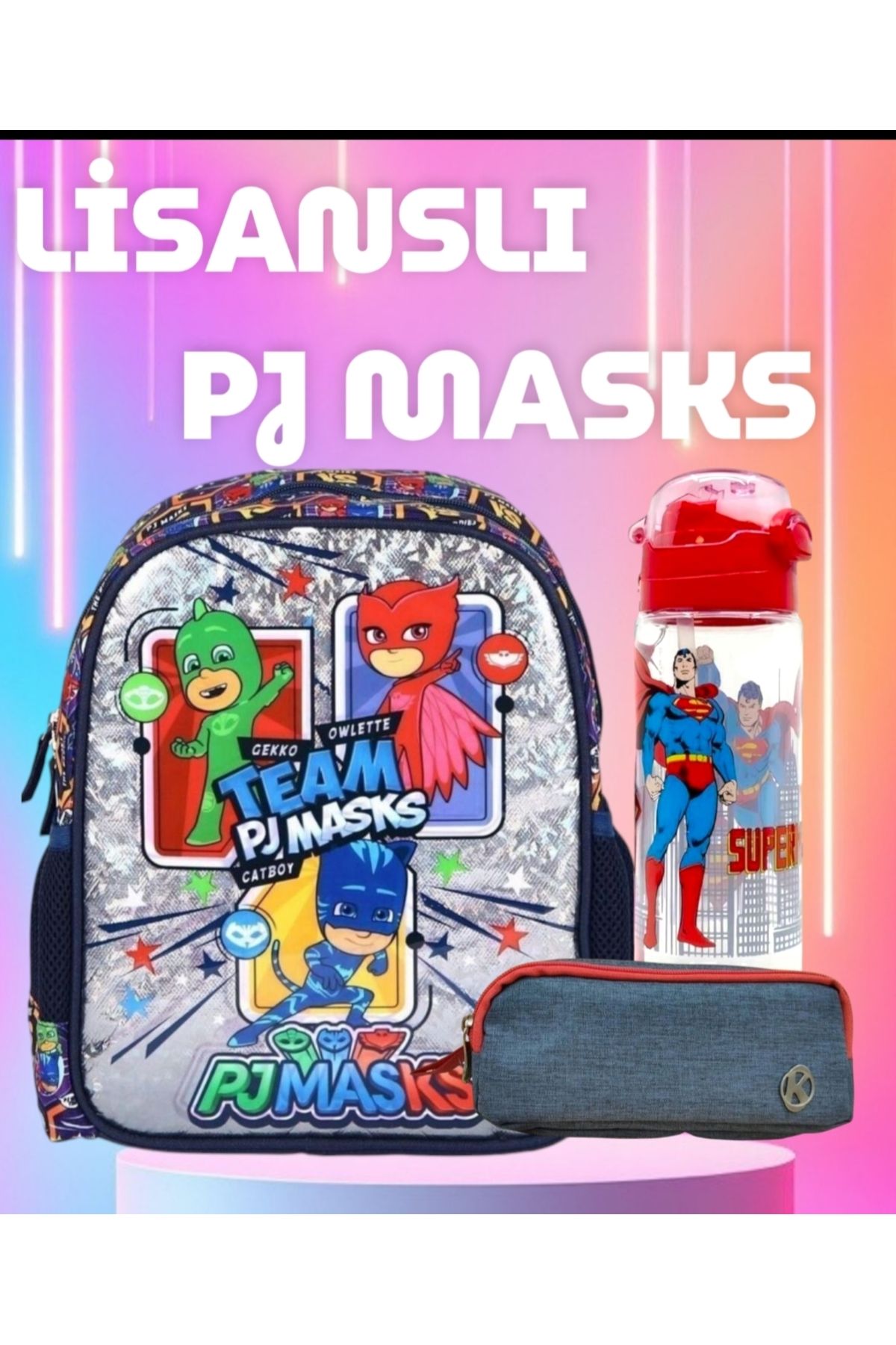 PJ Masks Lisanslı Anaokulu Çantası Çift Gözlü Kalemlik - Lisanslı Matara Hediye