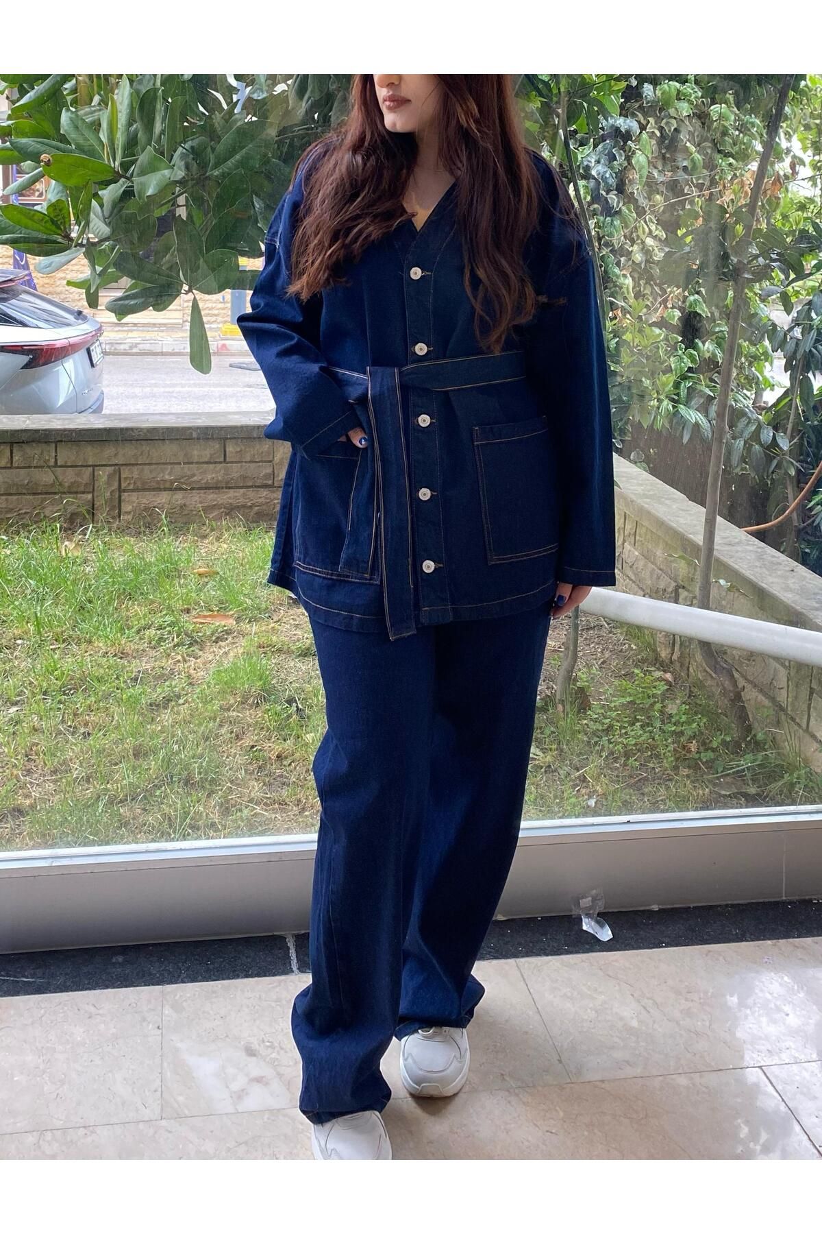 BircanButik Koyu Lacivert Bağlamalı Denim Takım Oversize Ceket ve Pantolon