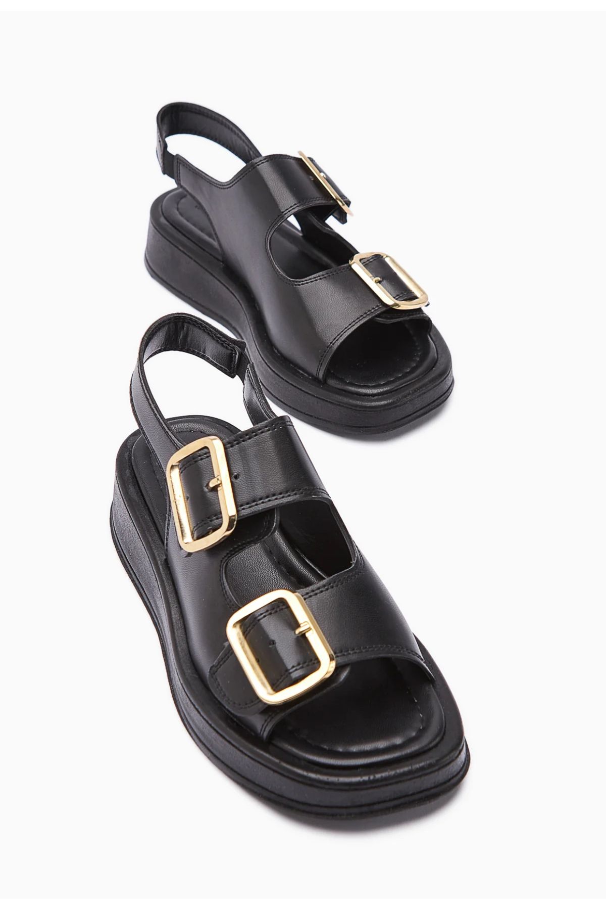 palatti shoes Siyah Çift Tokalı Kadın Sandalet
