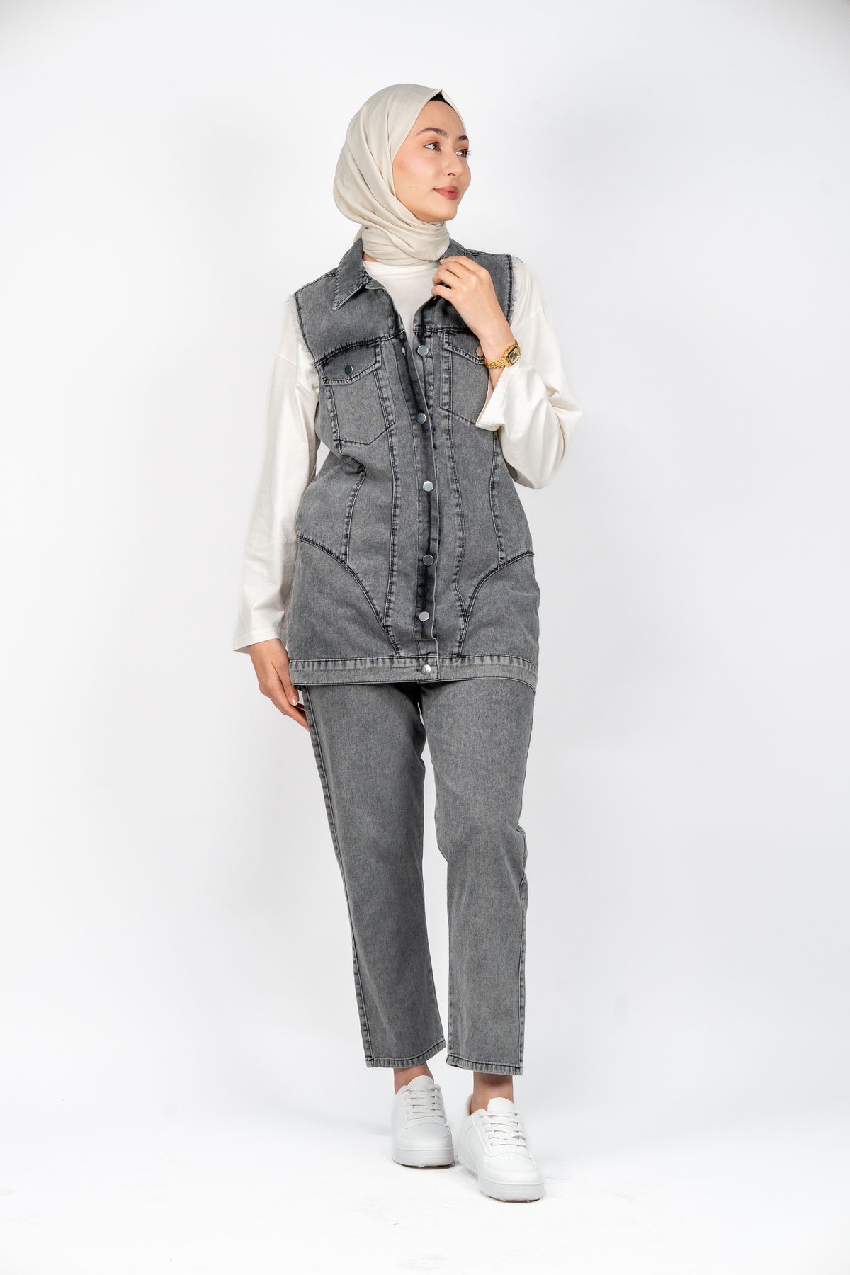 PUANT KadıN Kot Yelek Takım - Cepli Denim Yelek Pantolon İkili Takım