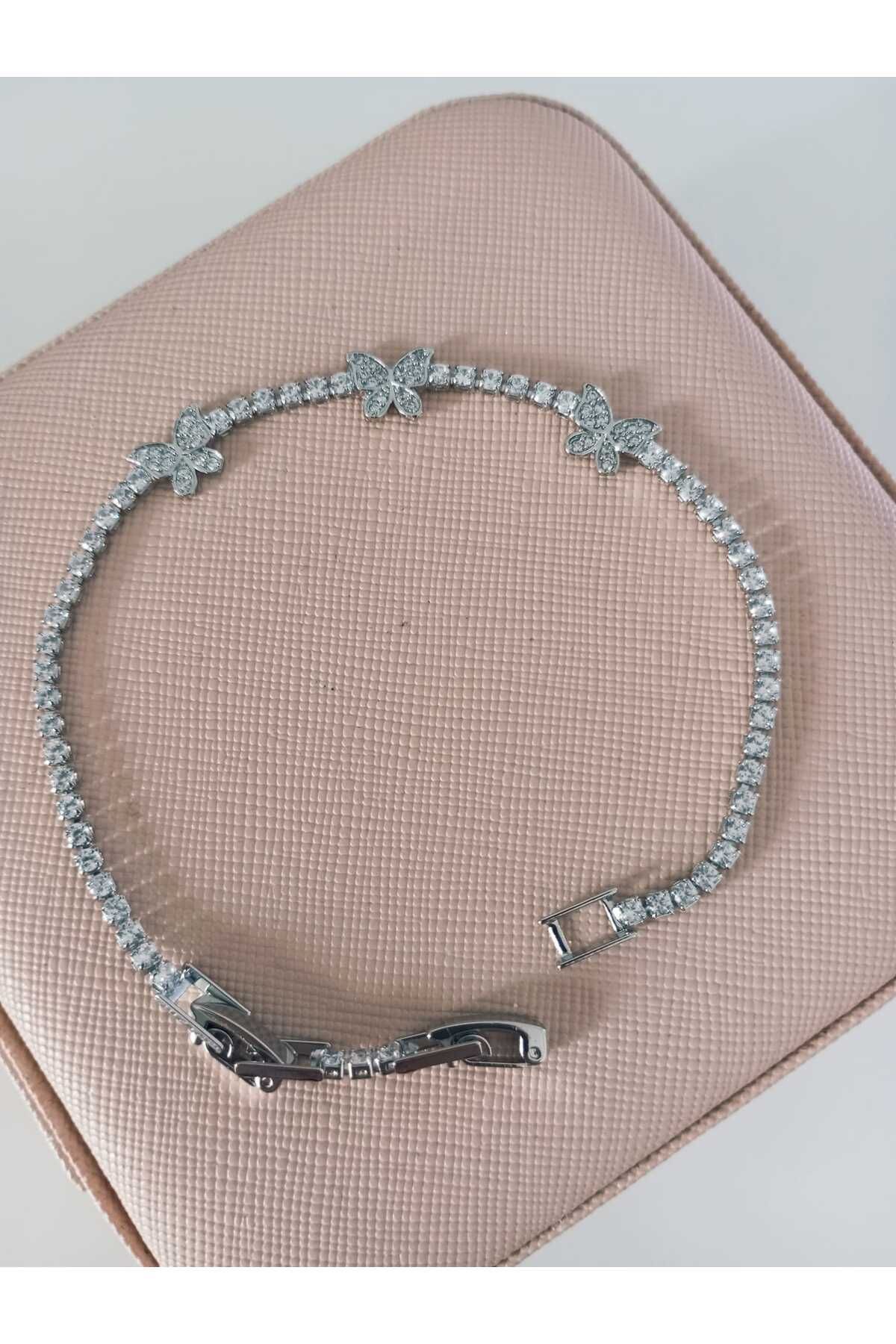 Çelik Silver zirkon taşlı kelebek model bileklik