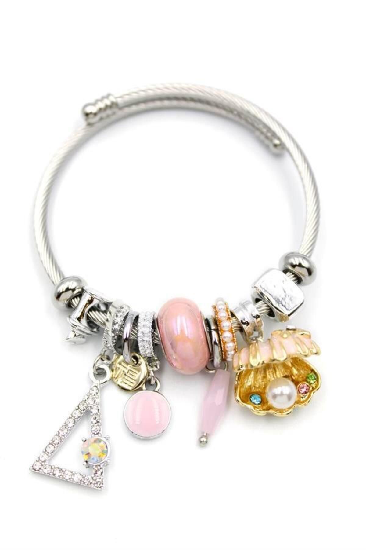 MR RZN STORE Çelik Charmlı İncili Deniz Kabuğu Bilezik - Pembe