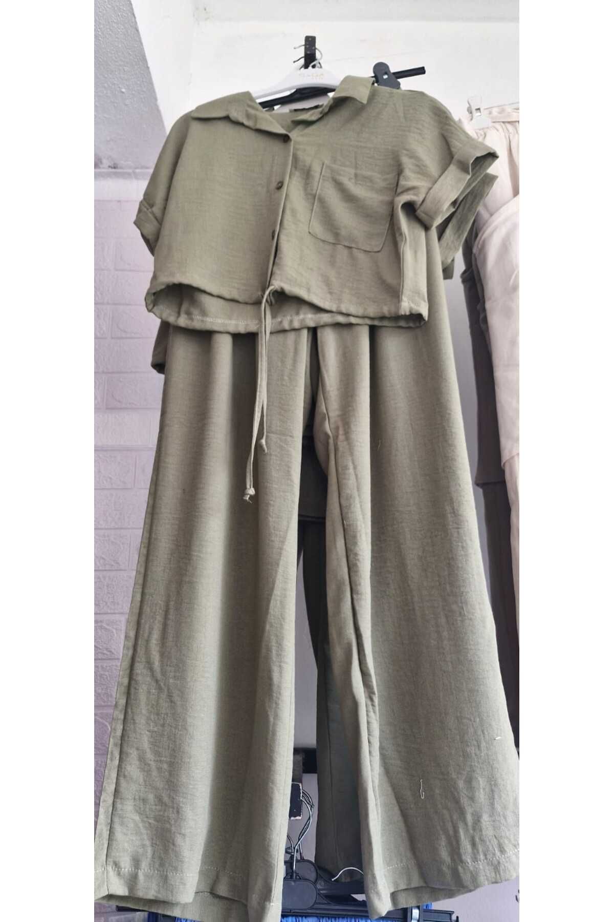BircanButik Keten Crop Gömlek Palazzon Pantolon Takım
