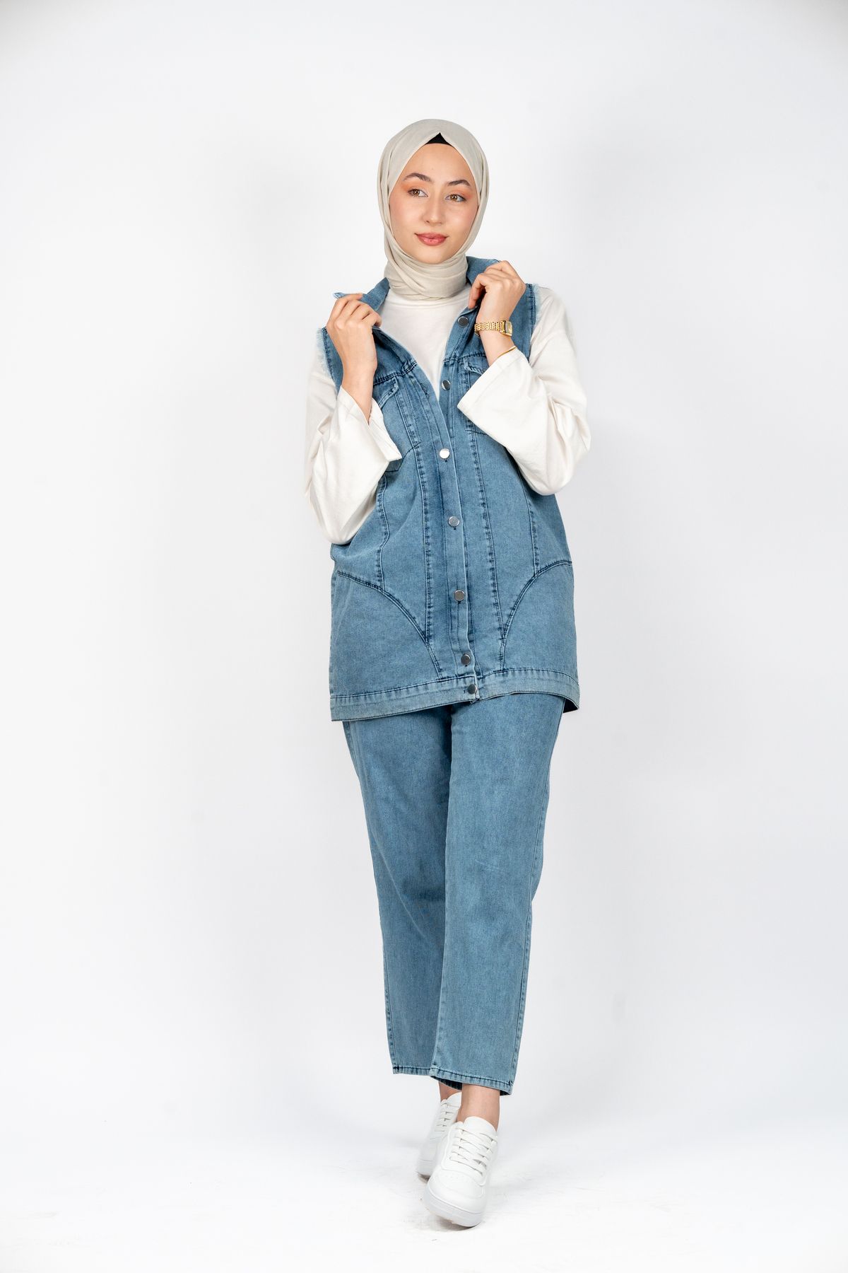 PUANT KadıN Kot Yelek Takım - Cepli Denim Yelek Pantolon İkili Takım