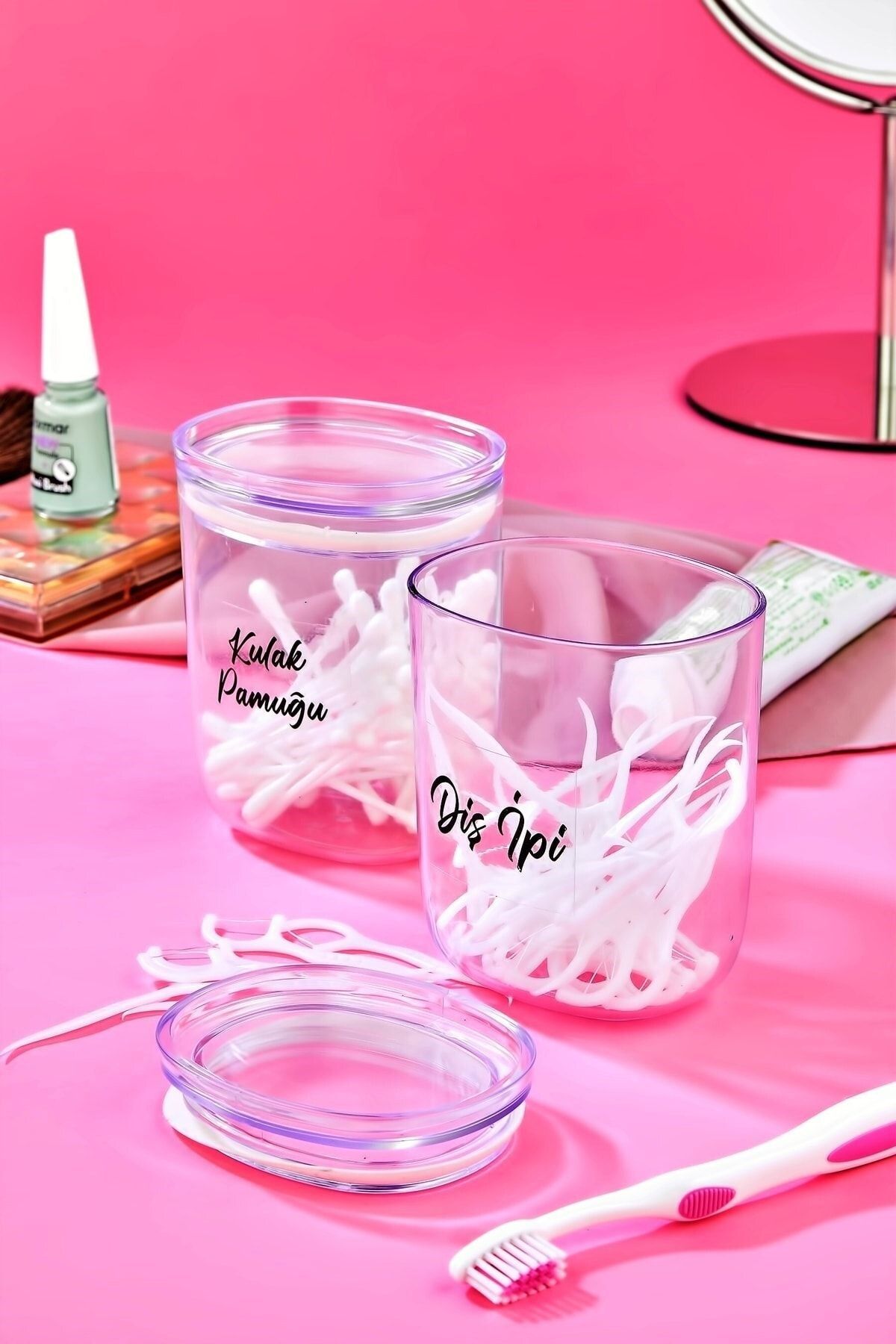 Carat Home 2'li Akrilik Mika Diş Ipi & Kulak Pamuğu Organizeri 400 Ml Saklama Kutusu Pamukluk