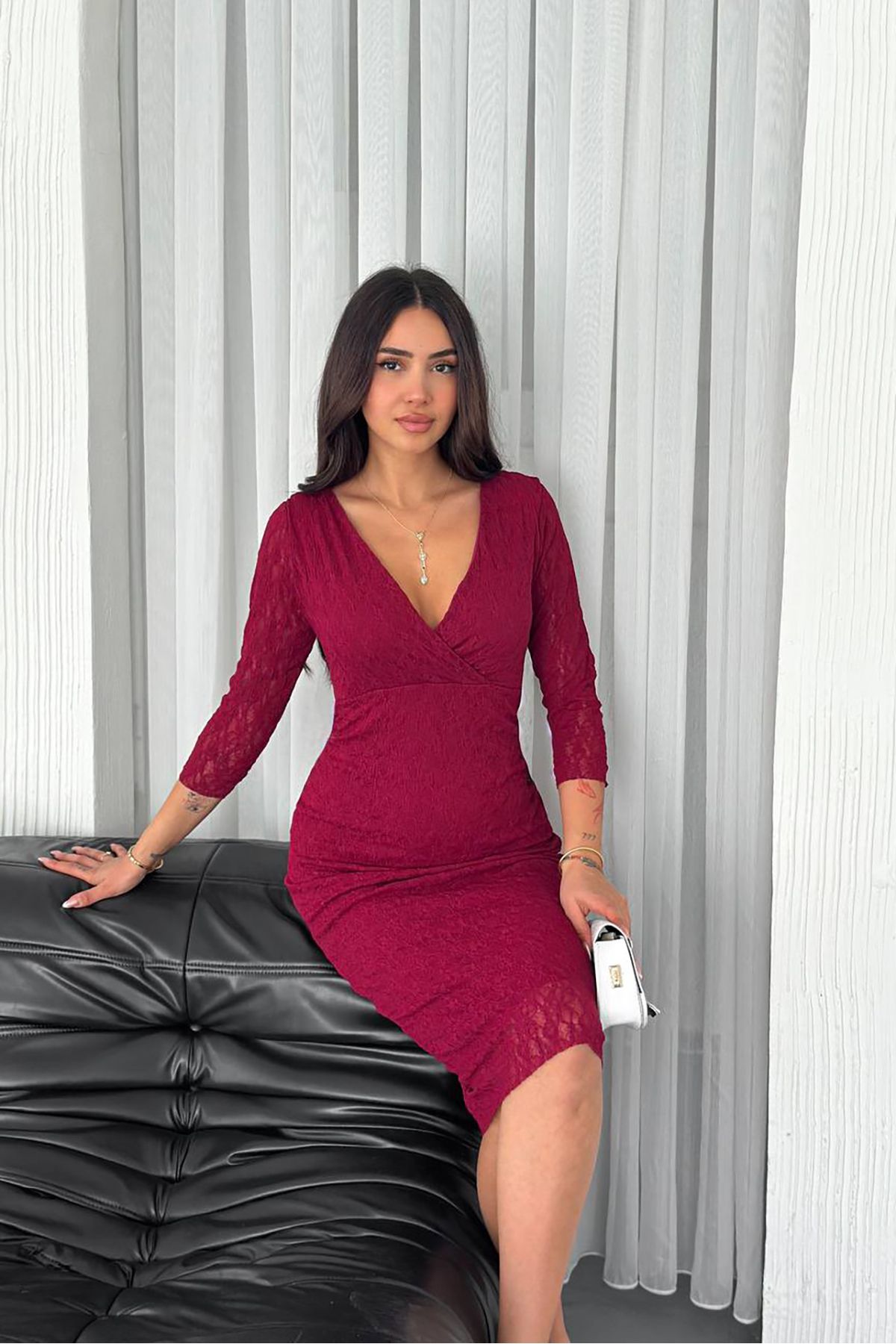 Neşeli Butik kadın kruvaze yaka bordo dantel elbise NBK4220
