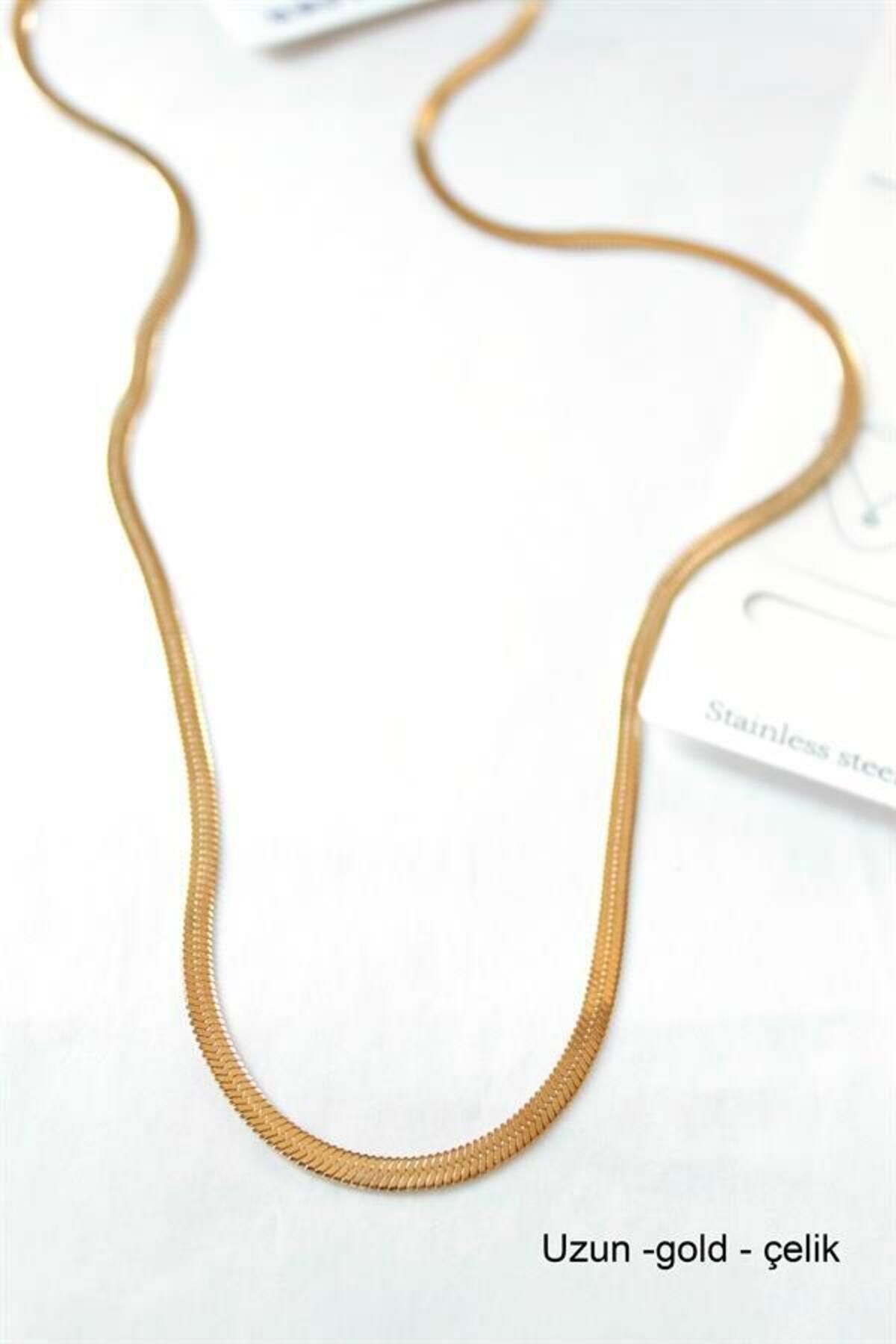 MR RZN STORE Uzun İtalyan Çelik Kolye-60cm - Altın