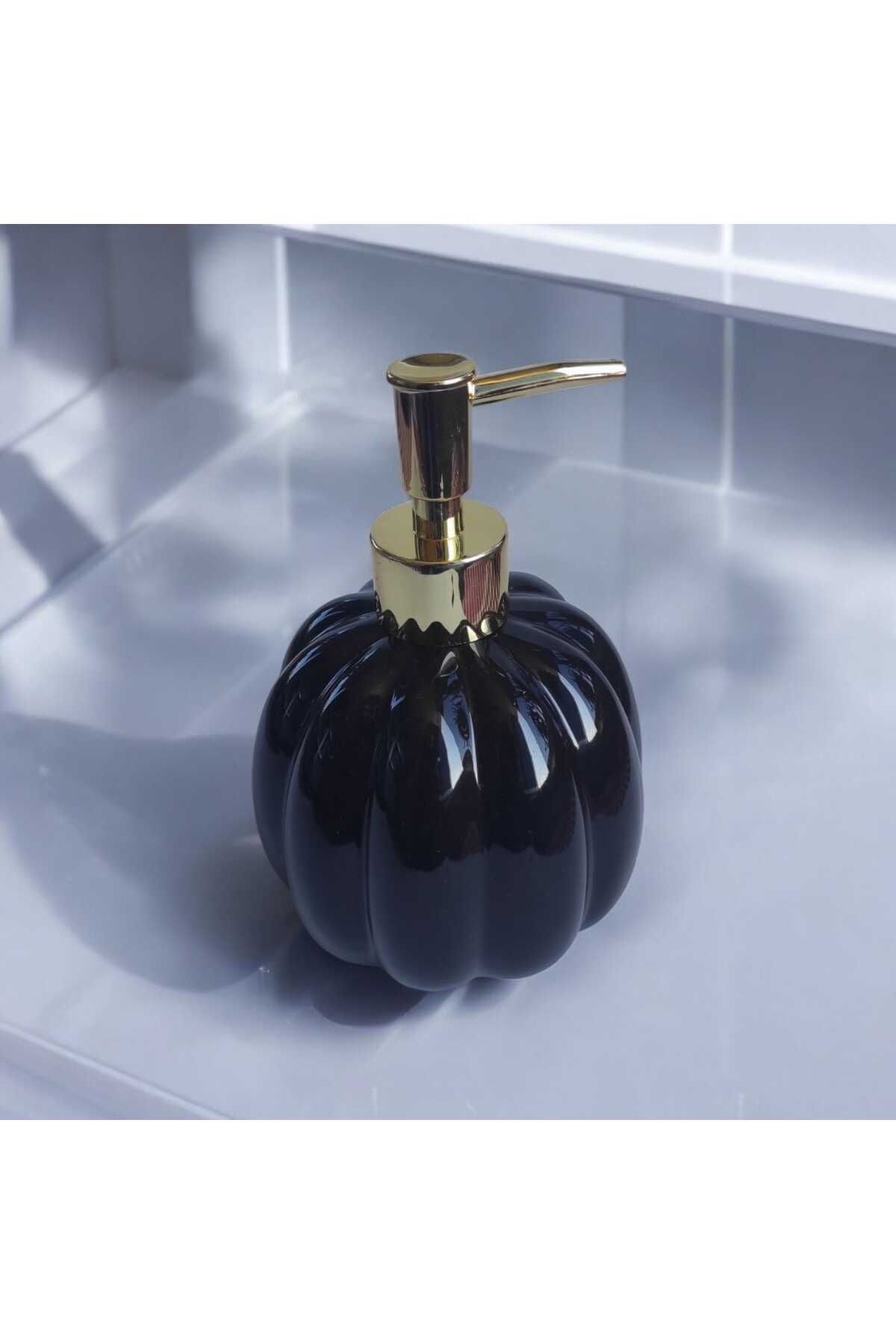 Mucha Pumpkin Siyah Porselen Sıvı Sabunluk Balkabağı Gold Pompa Sabunluk