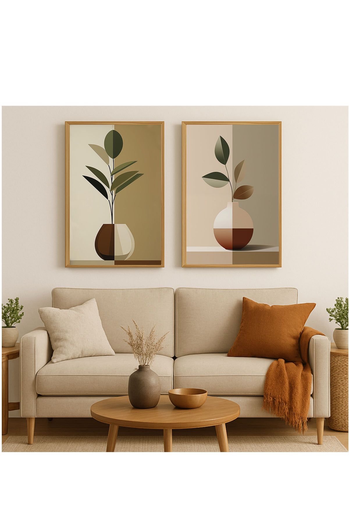 Artte Ahşap Çerçeveli 2li Minimalist Bitki Desenli Tablo - Modern Duvar Dekoru