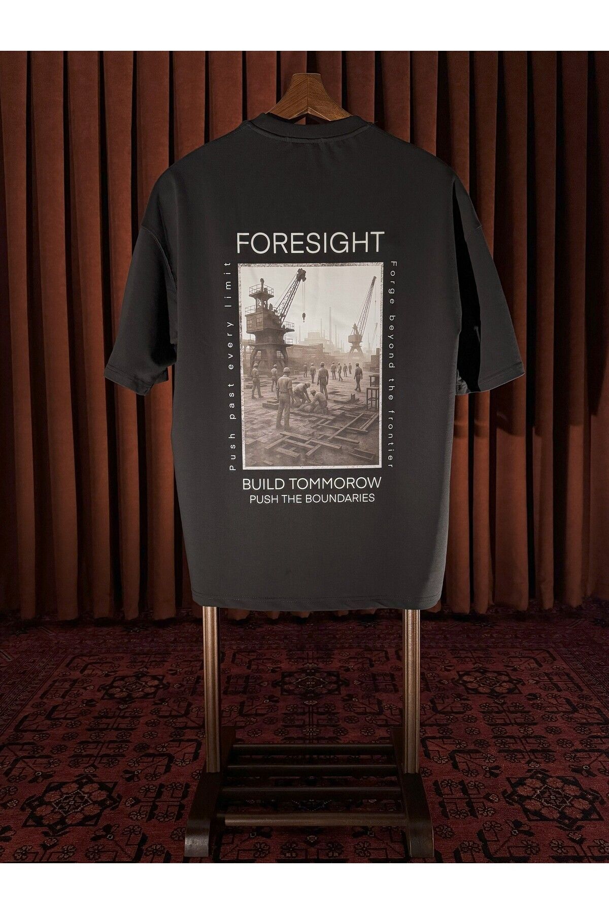 KOUROSHIA Unisex Foresight Bisiklet Yaka Oversize T-Shirt