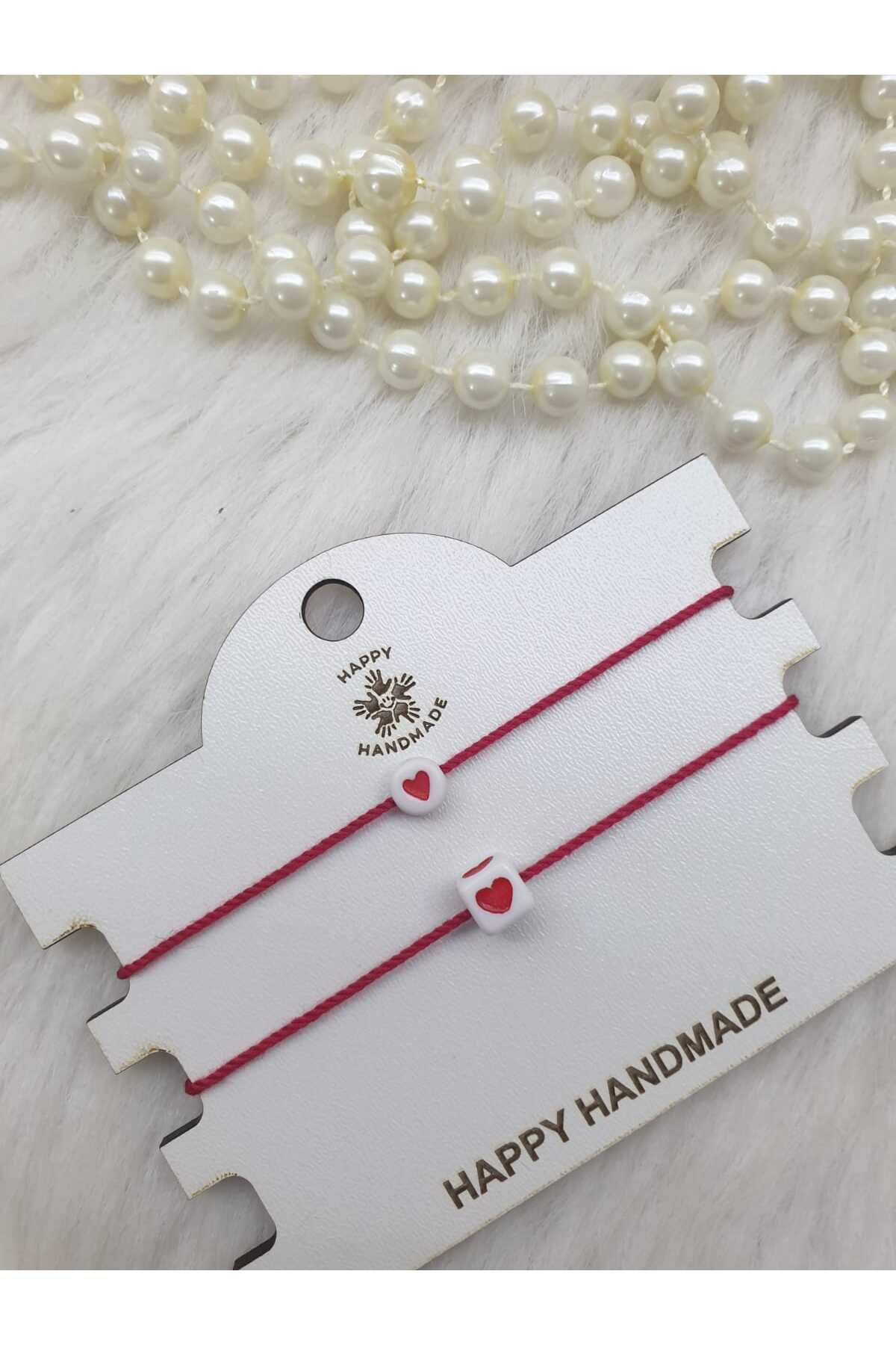 HAPPY HANDMADE İKİLİ AYARLANABİLİR İP BİLEKLİK KALP DETAYLI BİLEKLİK İKİLİ SET BİLEKLİK